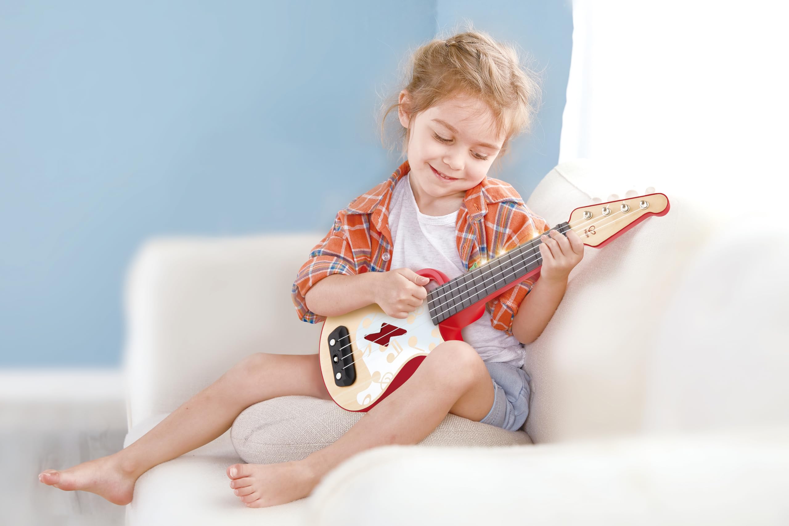 Hape Learn with Lights Ukulele-Red , Electric with Tunable Strings & Guiding Lights , Ukulele for Kids 3 Years and Up