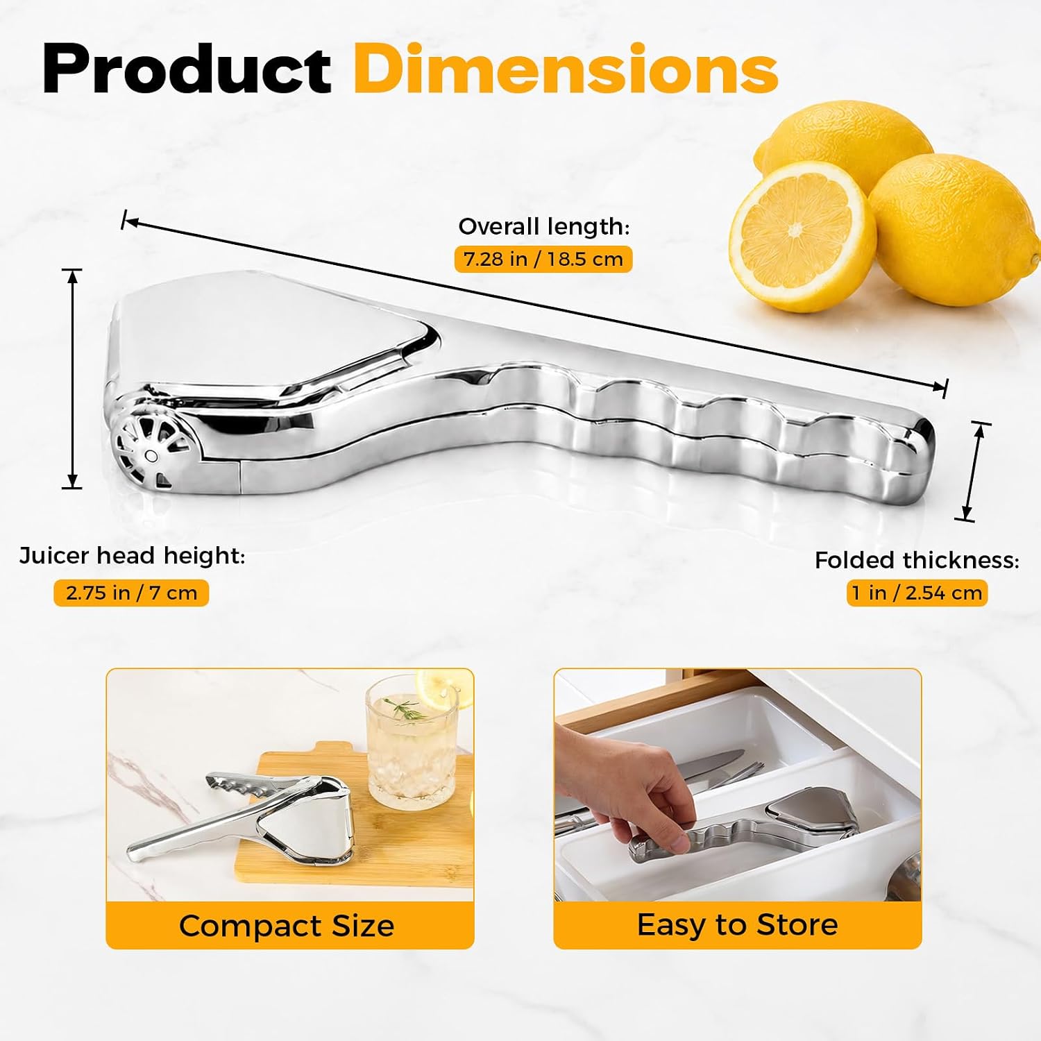 Lemon Squeezer Stainless Steel, Easy-Squeeze Fold-Flat Citrus Juicer