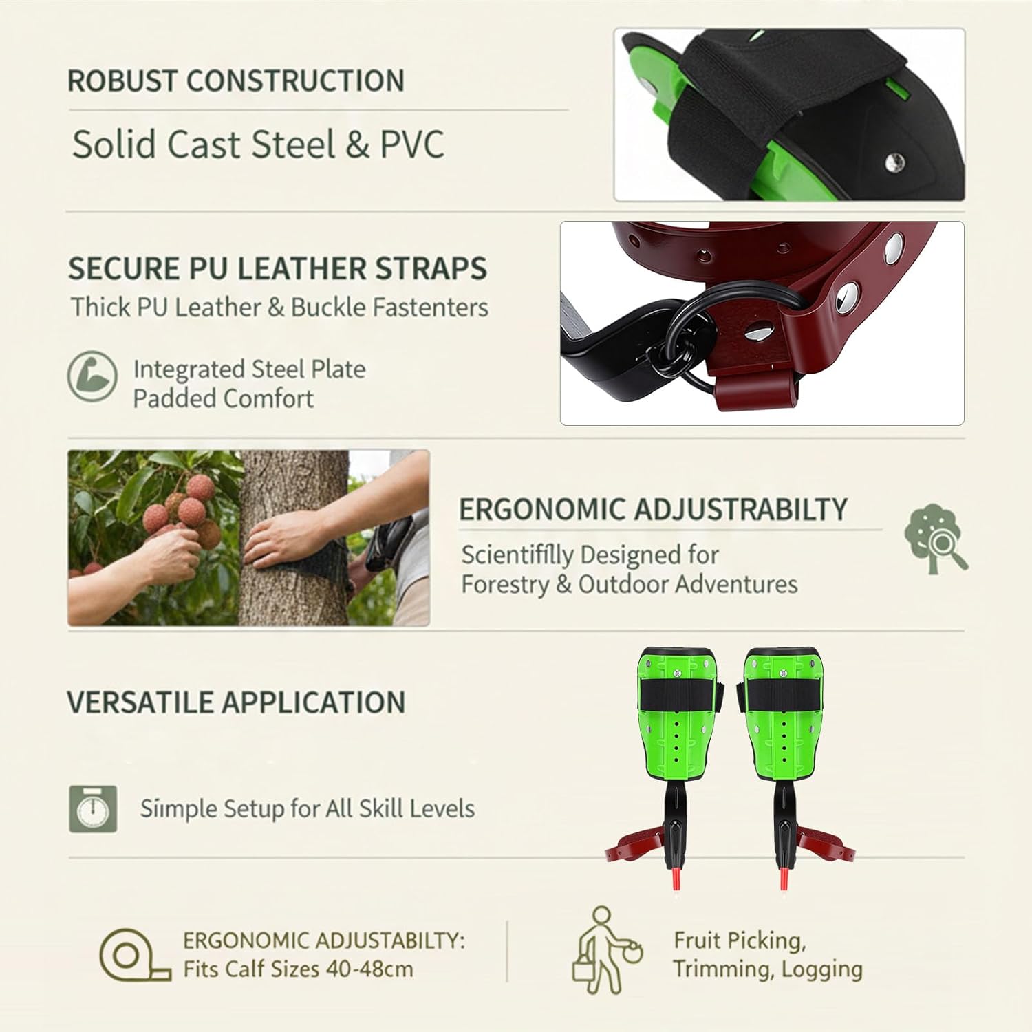 Pssopp Tree Climbing Gear, Ergonomic Height Adjustable Tree Climbing Spikes Equipment with PU Leather Straps for Trimming Logging Work