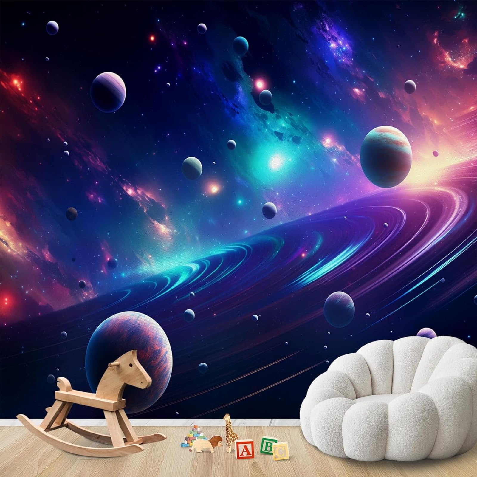 Chambre spatiale magique avec le papier peint panoramique planètes pour décoration enfant