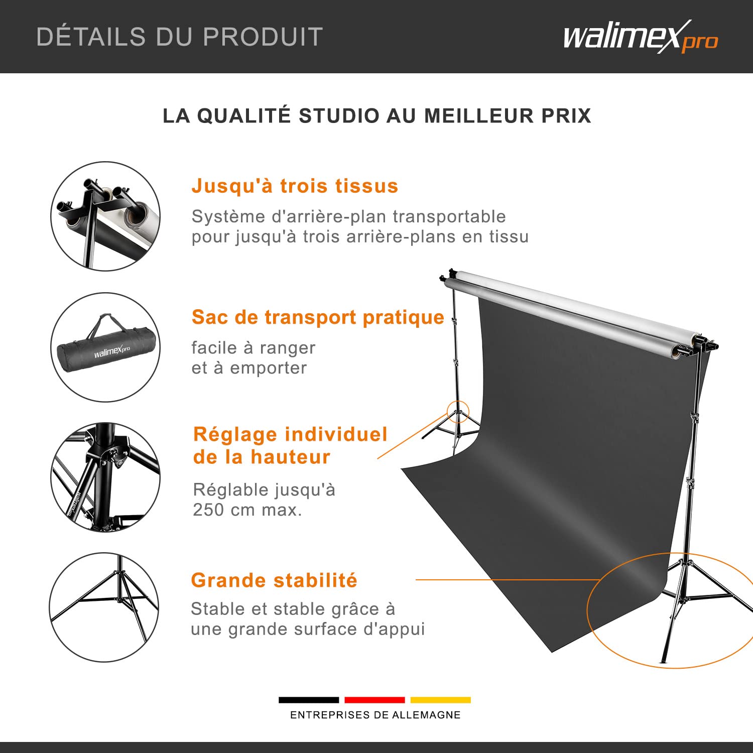 Walimex pro Système de fond triple 145-290cm I jusqu'à 3 écrans en papier et tissu I système de fond photo pour studio & mobile I pour la photographie, la vidéo et l'écran vert I hauteur jusqu'à 256cm