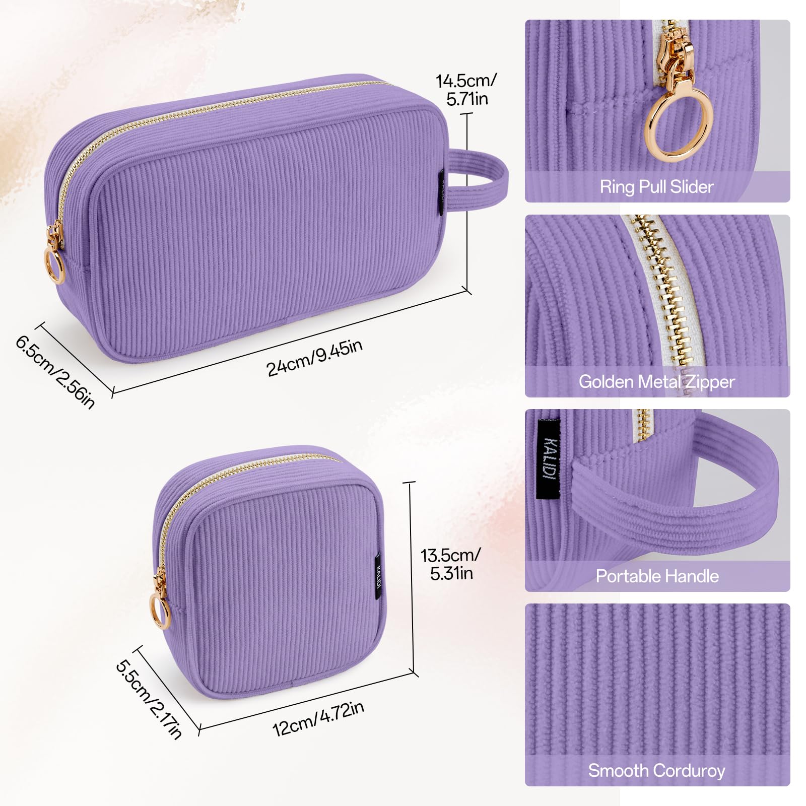 KALIDI Travel Makeup Bag for Women Corduroy Make Up Pouch with Metal Ring Zipper Portable Cosmetic Organizer Toiletry Make-up Bag for Handbags - Image 2