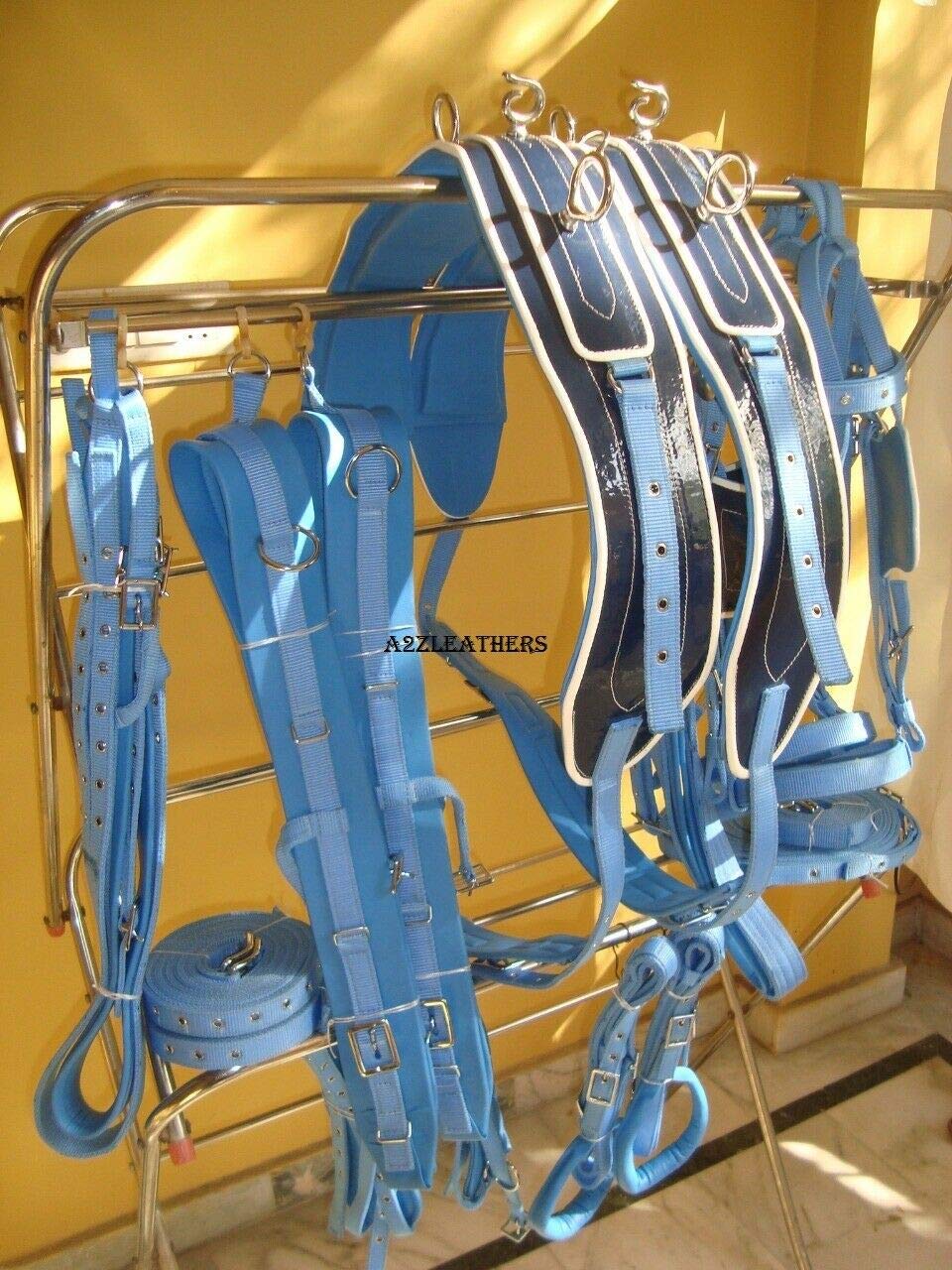 Leather Ride 2 Tone Synthetic Patent Driving Harness for Double Horse cart. Blue/Black