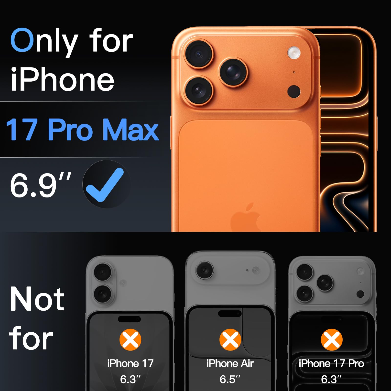 JETech Protecteur d'Objectif de Caméra pour iPhone 17 Pro Max 6,9 Pouces, Couverture Complète en Verre Trempé 9H Anneau, Plaque Métallique Mat, Compatible avec la Coque, Lot de 1 (Orange)