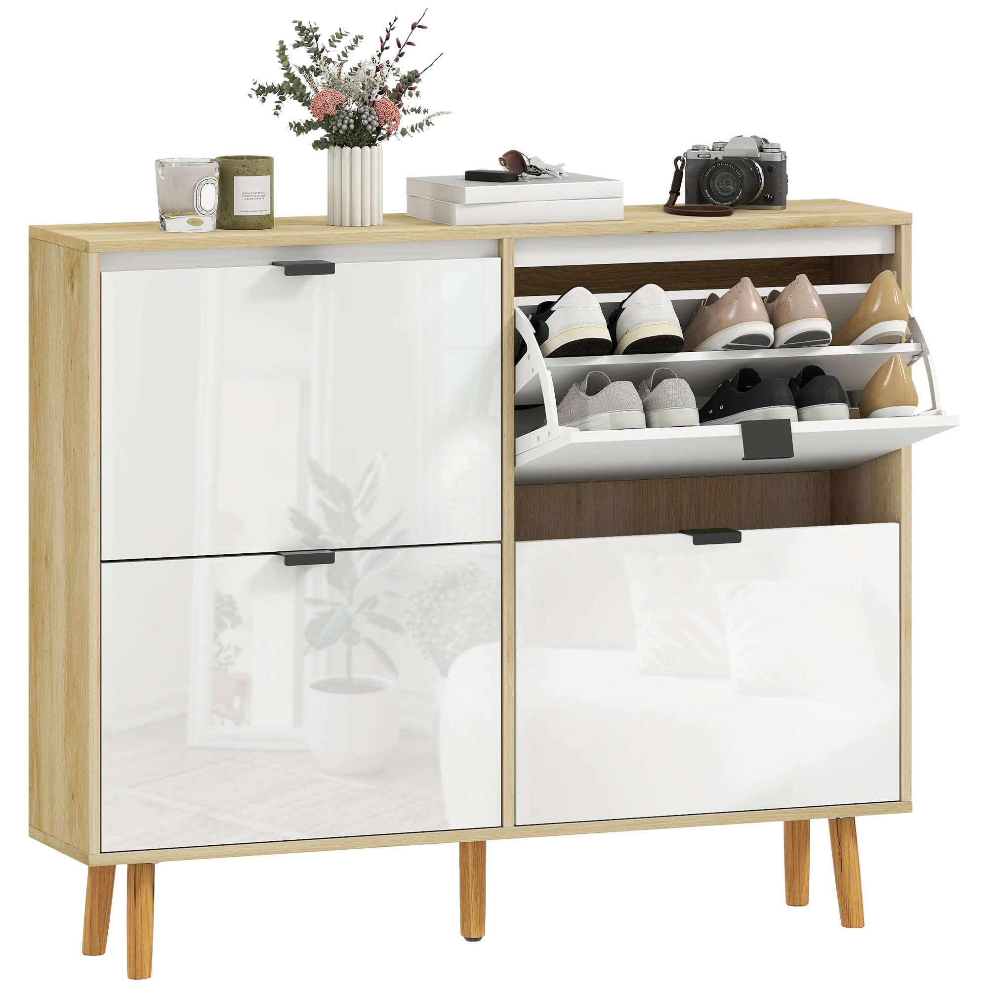 HOMCOM Scarpiera Salvaspazio Slim con 4 Ante a Ribalta, Scarpiera Ingresso con Ripiani Regolabili su 2 Livelli e Base Rialzata, Porta Scarpe per 20 Paia con Maniglia, 105x24x92.5 cm, Bianco Lucido