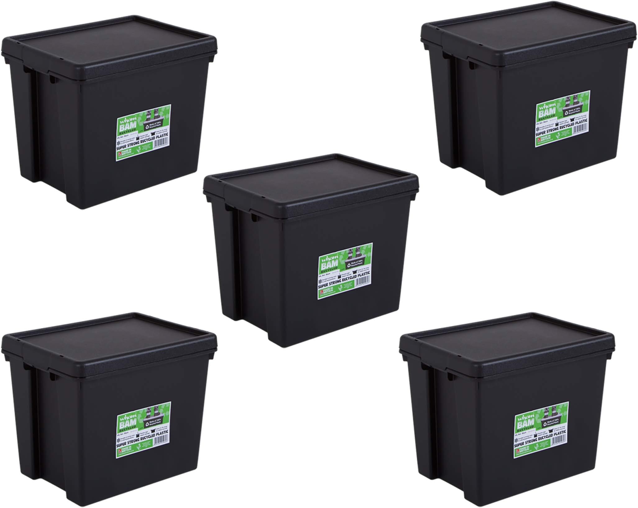 100% Recycled Super Strong Impact Resistant Black Re-Usable Storage Boxes With Lids 24 Litre 38.5 x 29 x 31.5cm (5 Boxes)