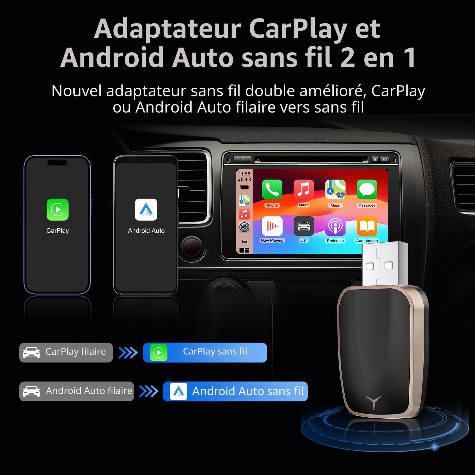 Adaptateur CarPlay sans fil et Android Auto pour voitures avec Wired CarPlay, USB C/A Plug and Play CarPlay Adaptateur 2 en 1 Convertisseur filaire vers sans fil,Mini et Stable, iOS 10+/Android 10+