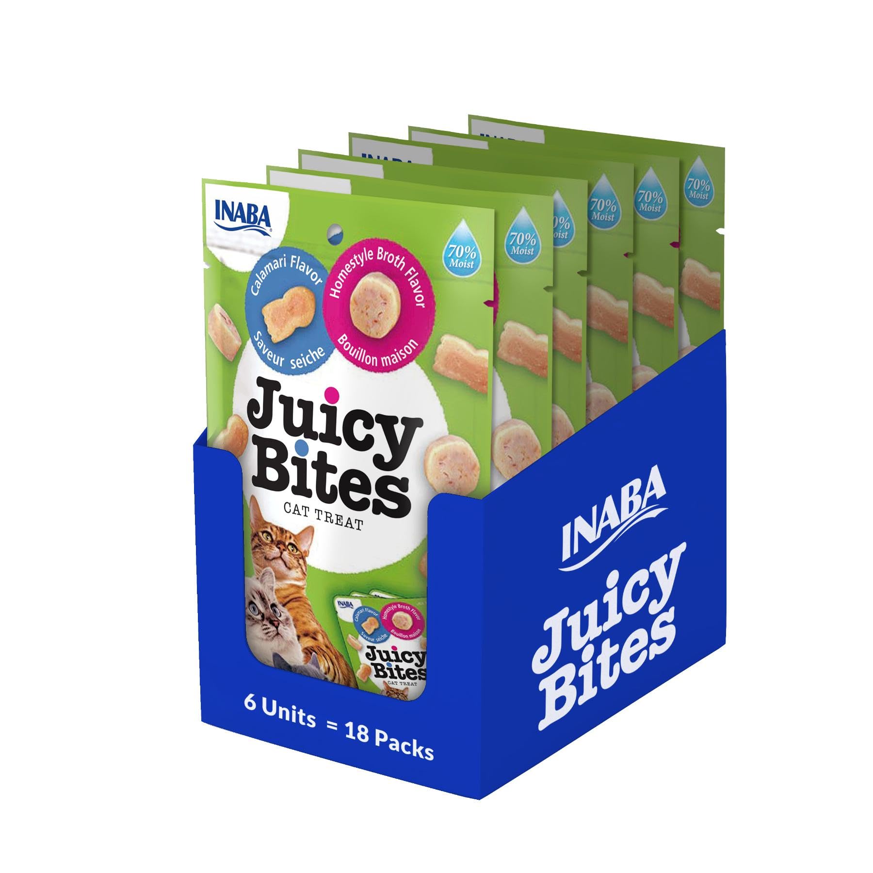 INABA Juicy Bites Gatos - Recetas Saludables de Calamar y de Caldo Casero - Snacks Húmedos para Mascotas - Deliciosas Golosinas - Sin Cereales, Sin Conservantes ni Colorantes - 203,4g (18x11,3g)