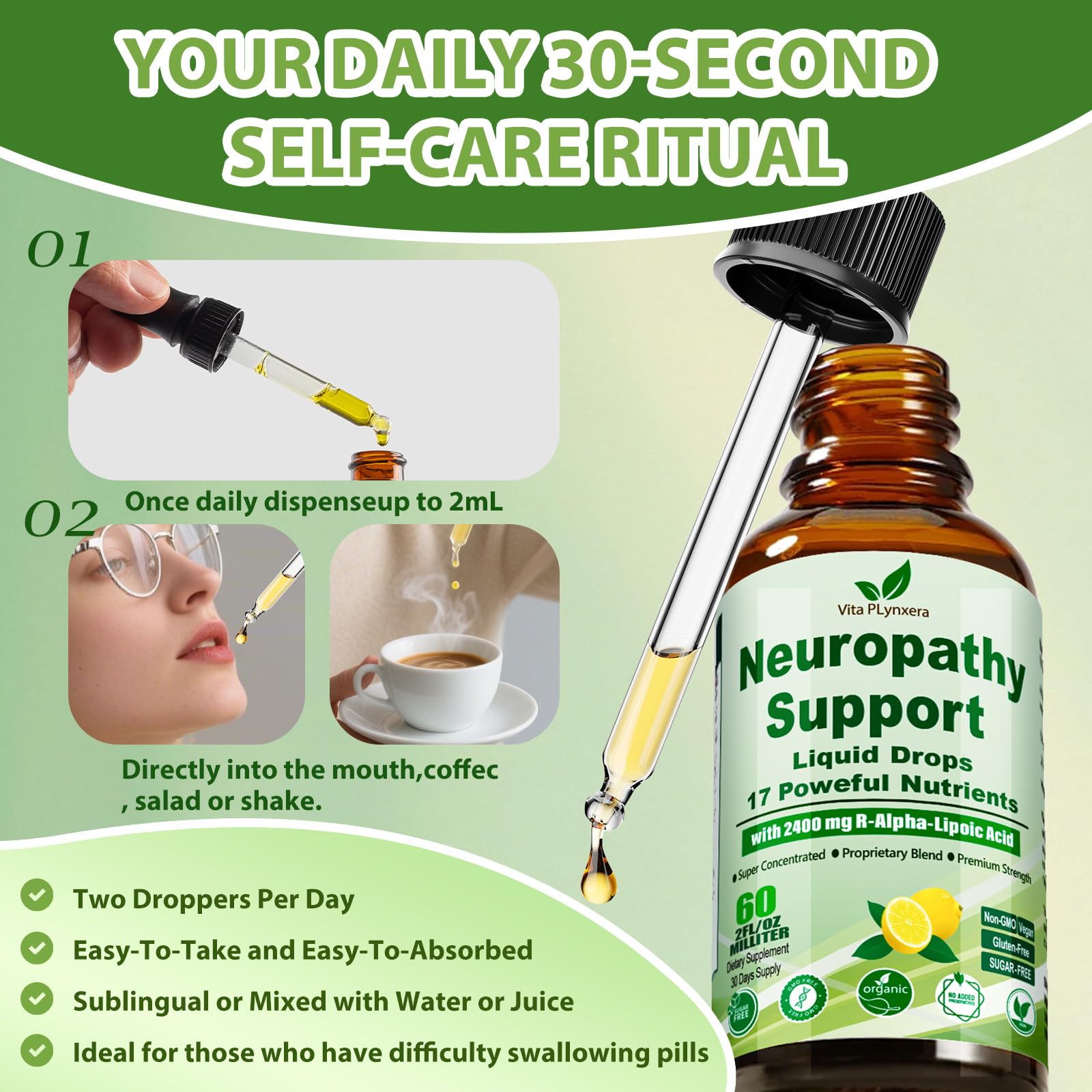 Vita PLynxera Neuropathy Supplements Liquid Drops, Advance 17-in-1 Stabilized R-Alpha Lipoic Acid (R-ALA) w. Acetyl L-Carnitine Vitamin B-Complex Magnesium, High Potency R-Lipoic Acid for Nerve — Amazon image 7