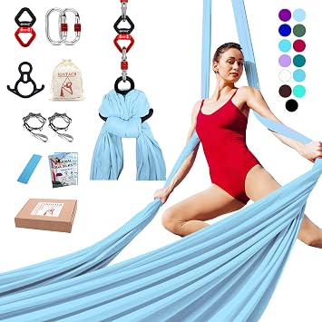 Aerial Silks Yoga Swing Set Equipment - 9 Yards Aerial Yoga Hammock kit, Low-stretch fabrics for Beginner Dance, Full Accessories Light blue