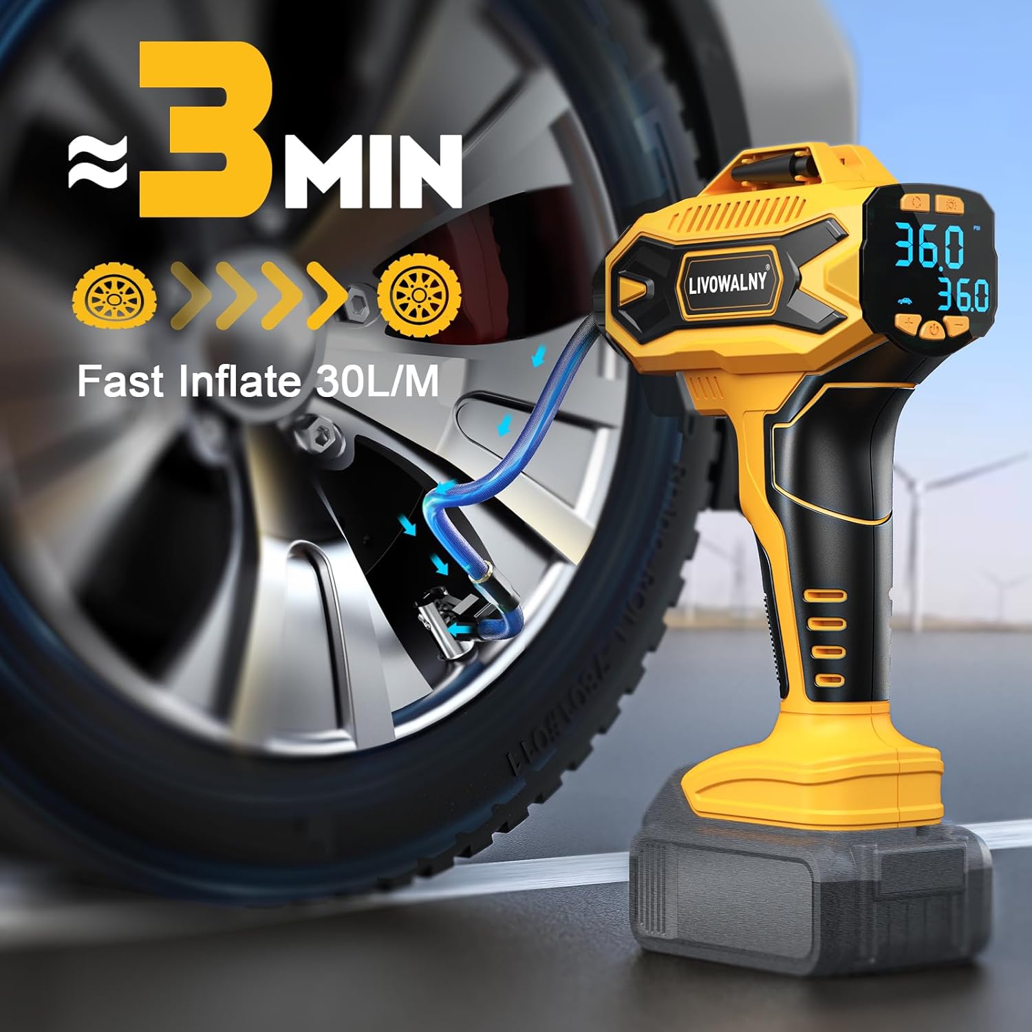 Tire Inflator Air Compressor Compatible with Dewalt 20V Battery, LIVOWALNY 160 PSI Cordless Portable Electric Air Pump 2025 Bigger LCD Digital Pressure Gauge for Car, Bike, Sport Ball (No Battery) - Image 3