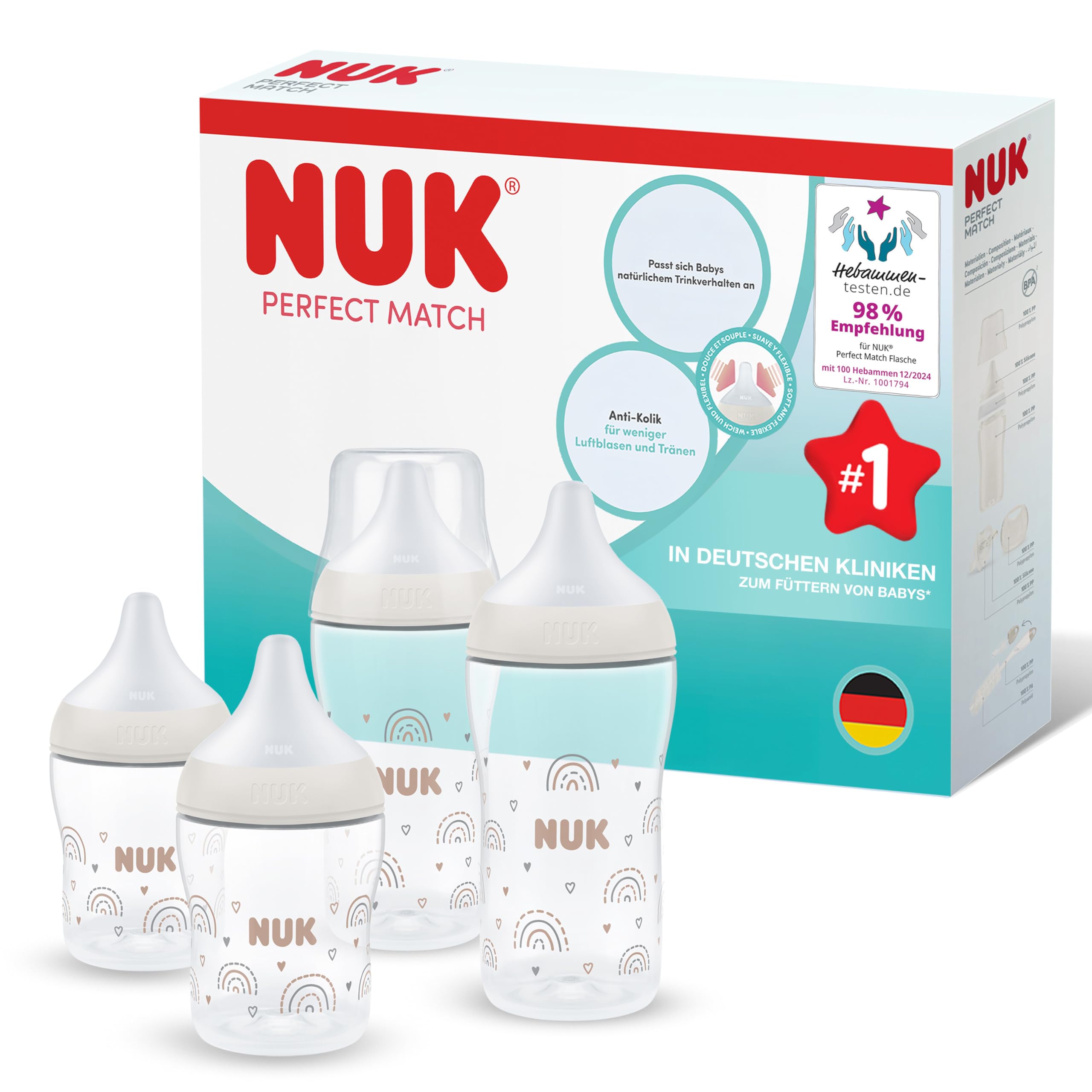 NUK Perfect Match Babyflaschen | 0-3+ Monate | 150 ml & 260 ml | Anti-Kolik-Babyflasche | PP | Temperature Control Anzeige | Regenbogen | 4 Stück