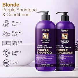 VANIDOX Sulfate Free Brass Toning Purple Shampoo and Conditioner Set for Blondes, Brown Highlighted, or Bleached Hair, Shampoo for Blondes Infused with Purple Rice Extract (16 fl oz each)