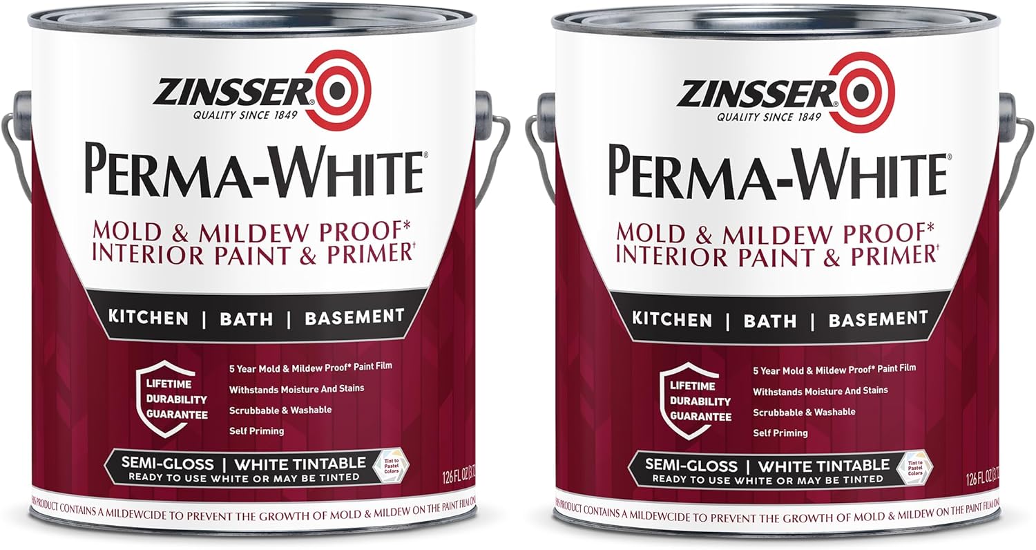 Zinsser 2770 PERMA-WHITE Mold & Mildew Proof Interior Paint, 5 Gallon, Eggshell White