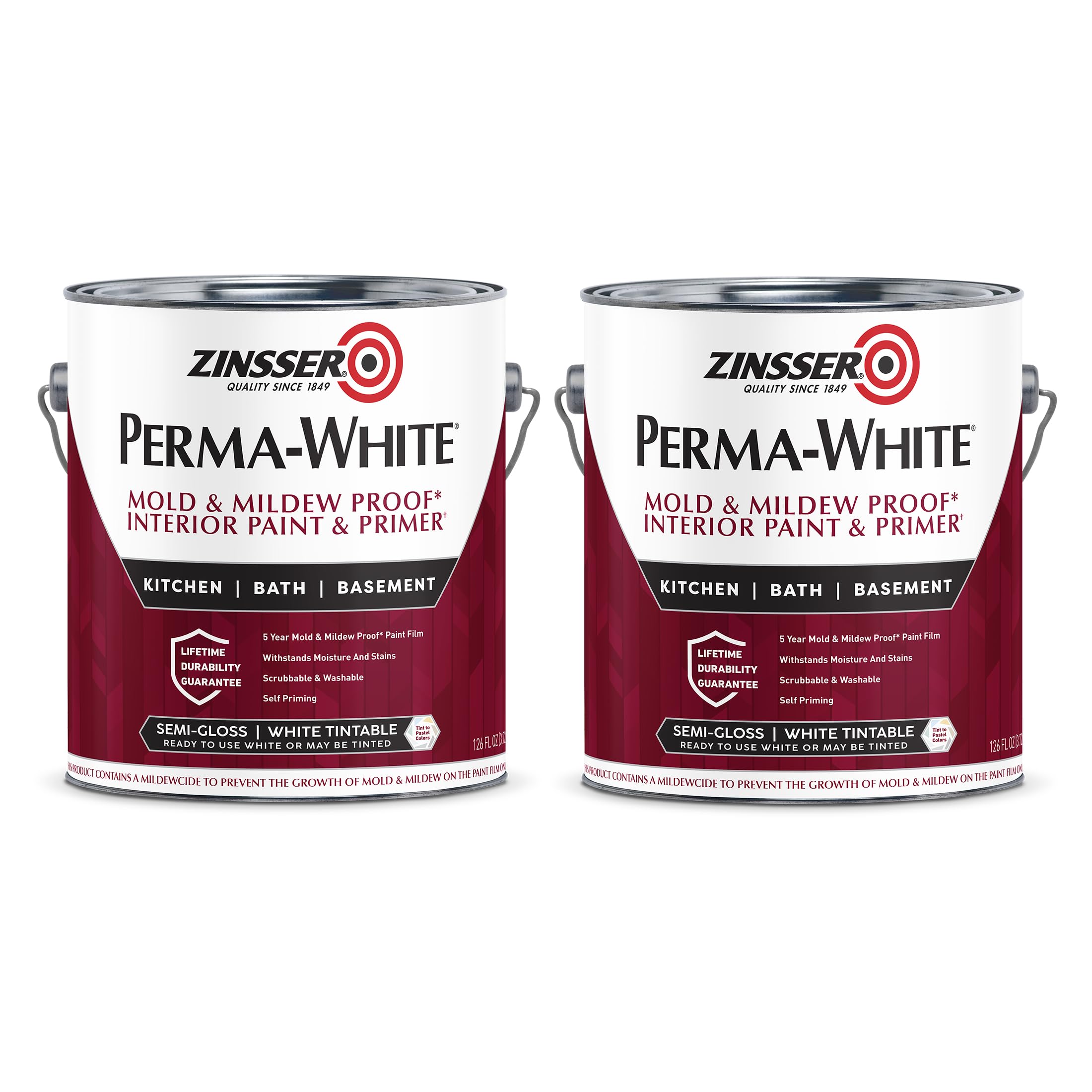 Perma-White interior paint, Semi-Gloss, 1 Gallon. Mold & mildew-proof, moisture-resistant finish for baths, kitchens. Zinsser Perma-White Mold & Mildew-Proof Paint, Semi-Gloss, 1 Gallon