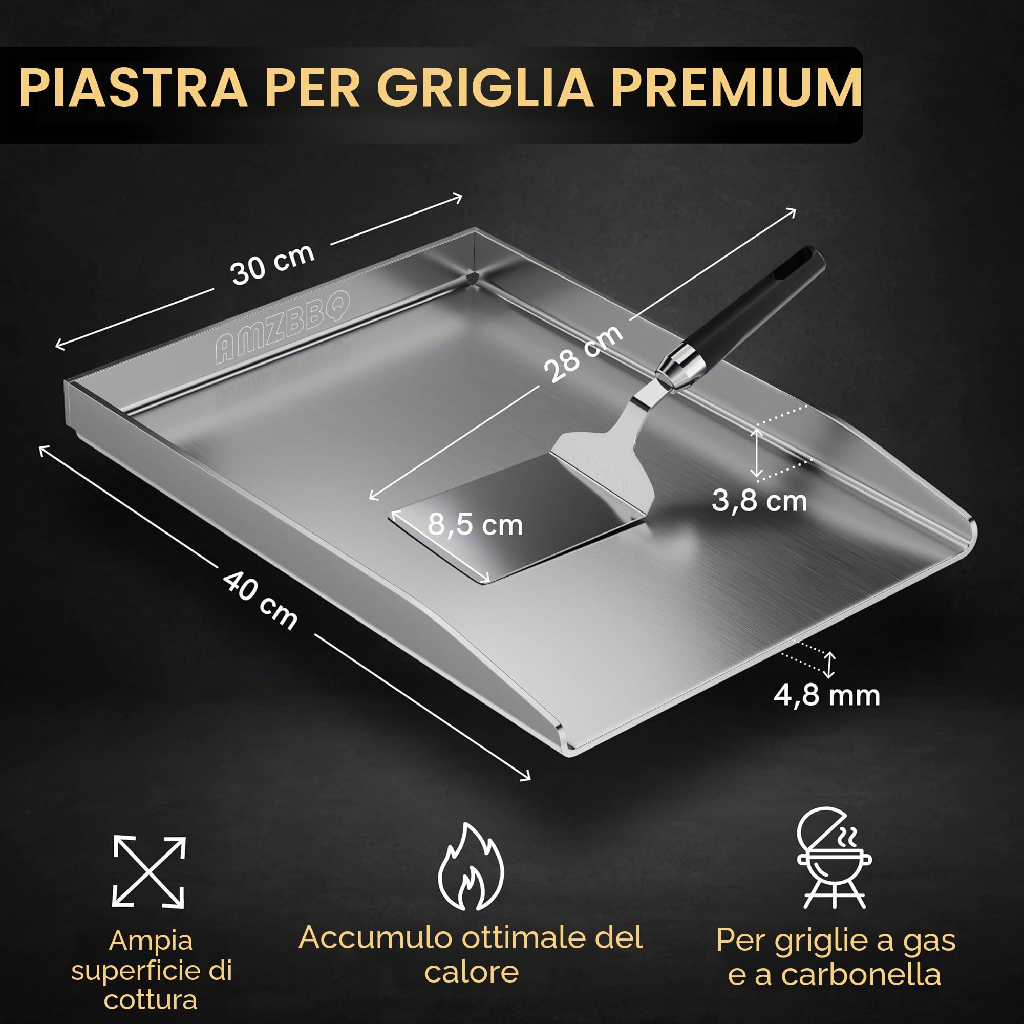 AMZBBQ® Set Premium Plancha - 40 x 30 cm - circa 5 mm in acciaio inossidabile massiccio - 20% più forte delle tradizionali piastre - Piastra per griglia a gas e carbone - Accessorio per barbecue