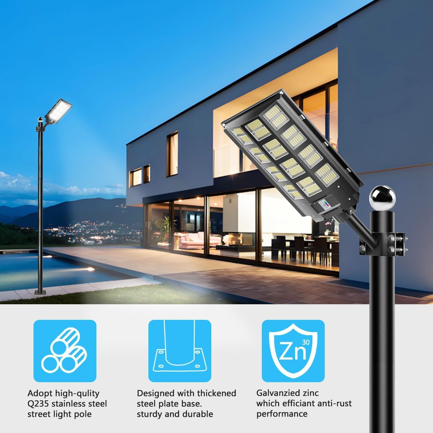 Street Light Pole 10Ft, Heavy Duty Metal Outdoor Light Post for Solar Street Lights, Rust-proof Galvanized Steel Pole with Mounting Rebar Cage Base for Basketball Courts, Parking Lots, Backyard & Park