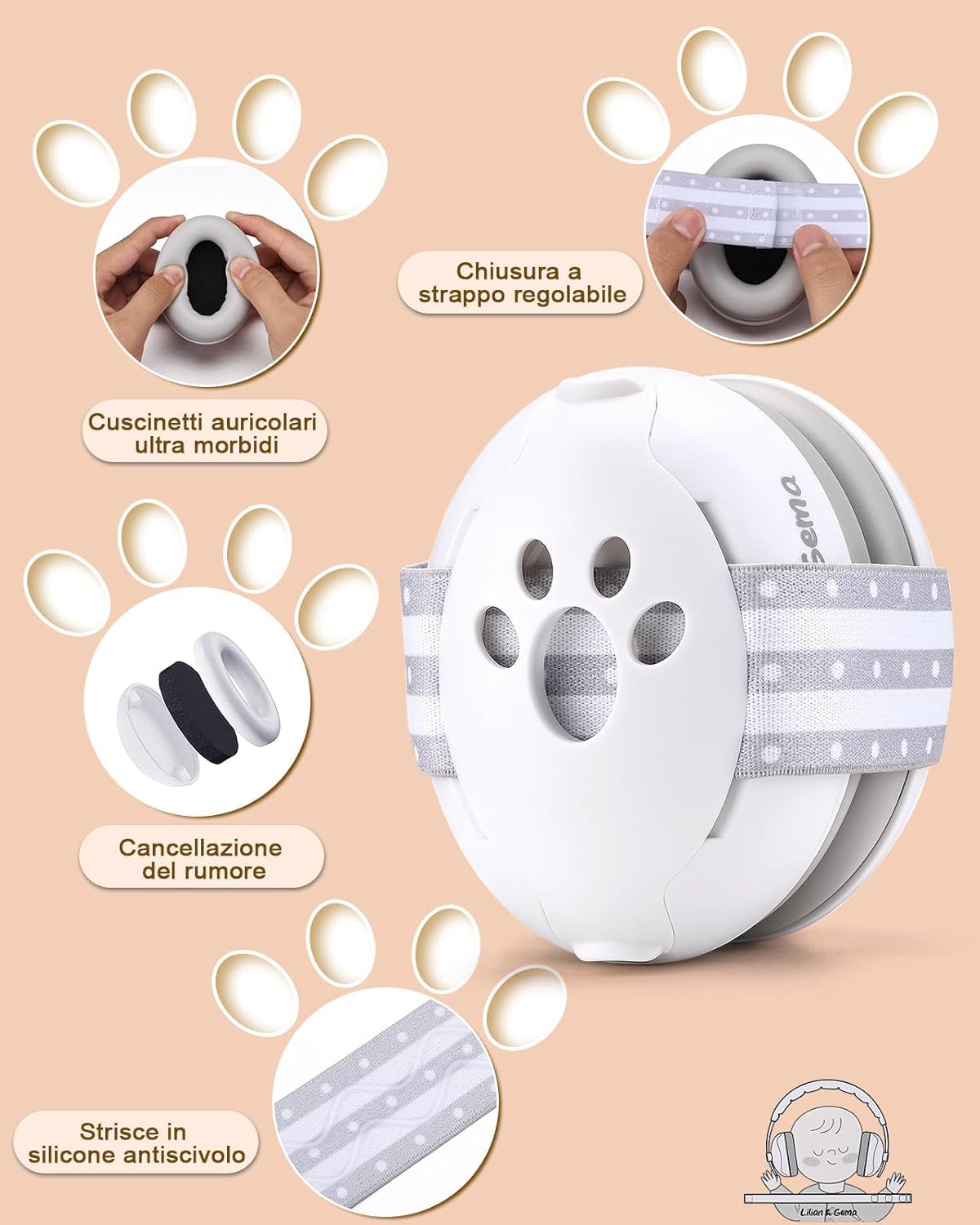 Generico 2 in 1 Cuffie Neonato Antirumore -25dB,Protettori acustici per neonati, archetto regolabile, antiscivolo e antistress, protezione acustica ideale per neonati fino a 48 mesi