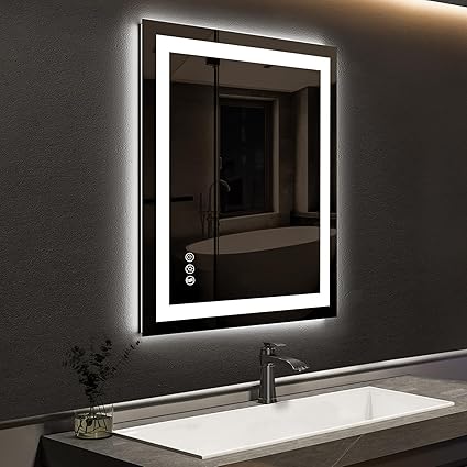 ROOMTEC 24 x 30 Inches LED Bathroom Mirror with Front and Backlit,Anti-Fog,3 Colors and Dimmable Light(Horizontal/Vertical), Silver