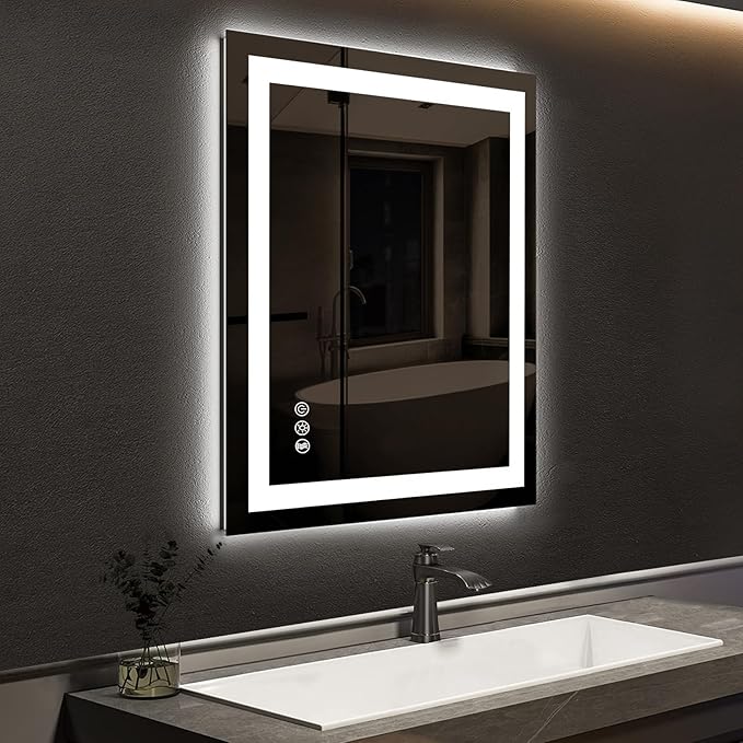ROOMTEC 24 x 30 Inches LED Bathroom Mirror with Front and Backlit,Anti-Fog,3 Colors and Dimmable Light(Horizontal/Vertical), Silver