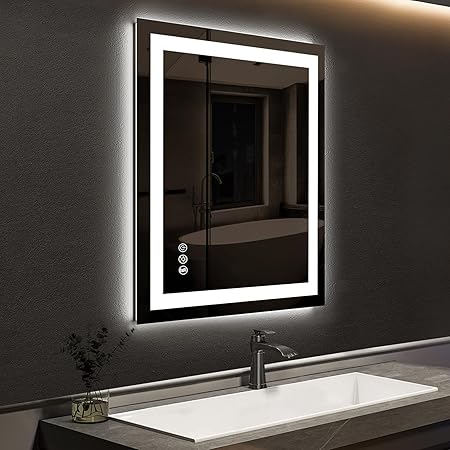 ROOMTEC 24 x 30 Inches LED Bathroom Mirror with Front and Backlit,Anti-Fog,3 Colors and Dimmable Light(Horizontal/Vertical), Silver