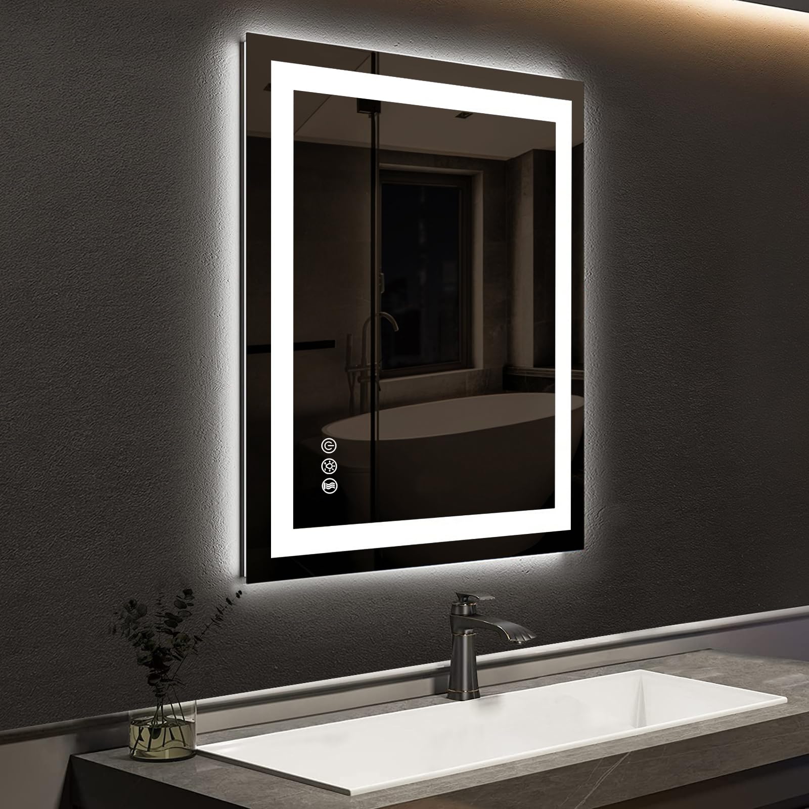 ROOMTEC 24 x 30 Inches LED Bathroom Mirror with Front and Backlit,Anti-Fog,3 Colors and Dimmable Light(Horizontal/Vertical), Silver