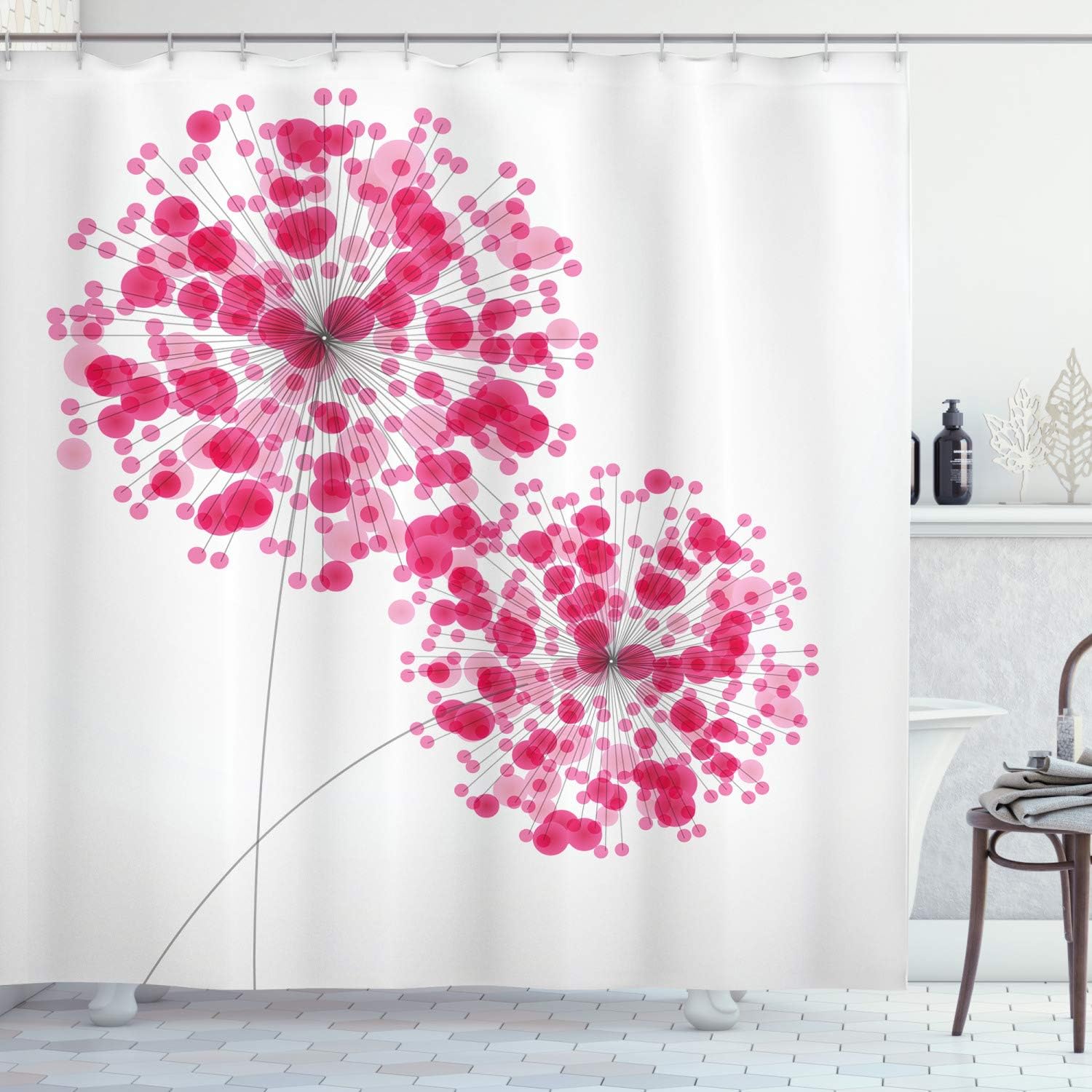 ABAKUHAUS Pink Shower Curtain, Conceptual Dandelion Design Bouquet Modern Flower Arrangement Gardening Plant Romantic