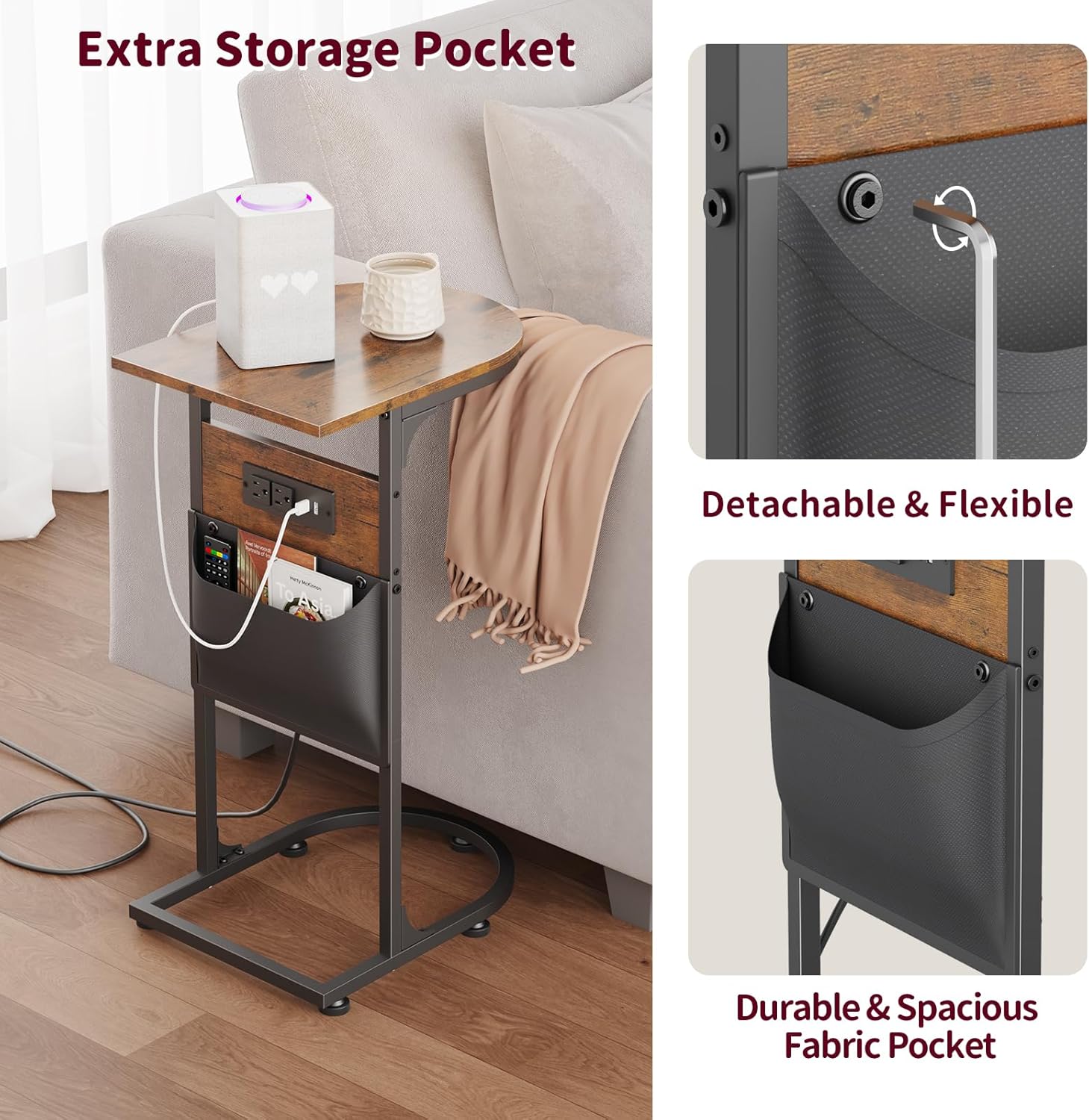 C Shaped End Table with Charging Station, Small Side Table for Couch, C Table for Sofa with Outlet Storage Bag, TV Tray Tables For Recliner Living Room Bedside Bedroom Small Spaces Rustic Brown