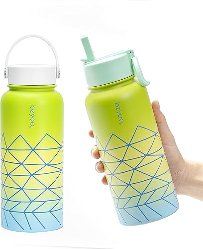 BZYOO HyDuo - Botella de agua deportiva de 32 onzas, 2 tapas (tapa de pajilla, tapa con asa de rosca), acero inoxidable aislada al vacío, doble