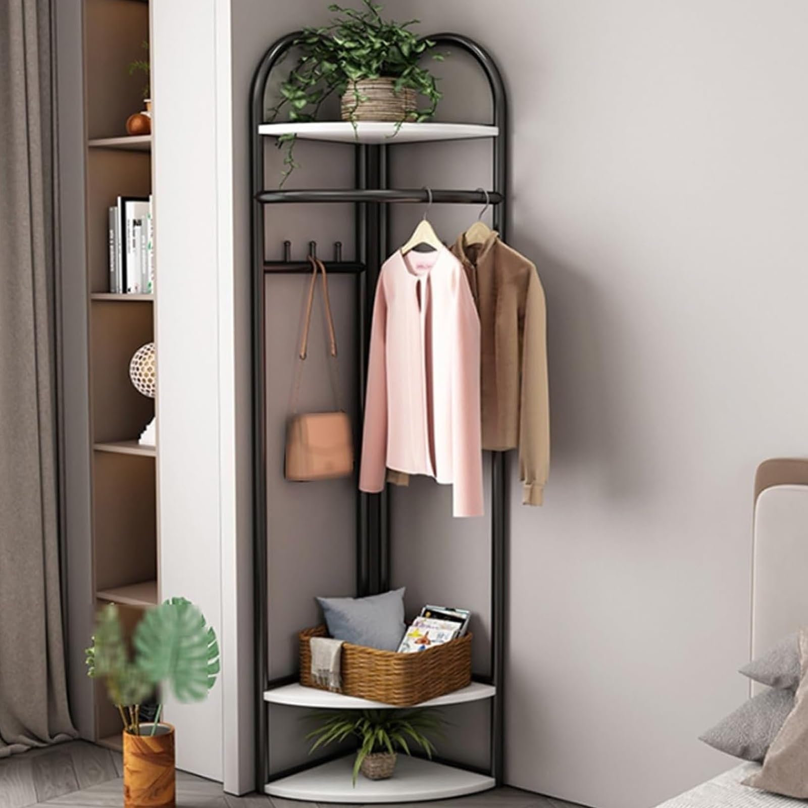 CYQQRDZSW Corner Coat Rack, Freestanding Coat Stand with Three-layer Storage Rack, Suitable for Corridor Entrance Laundry(Black)