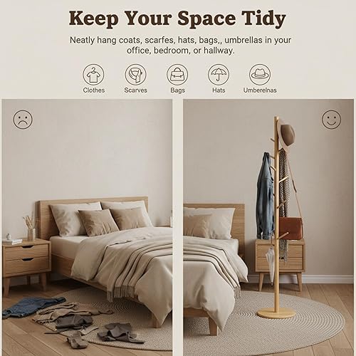 Miniatura 4 de Perchero y soporte de madera maciza, colgador de ropa independiente con 8 ganchos y 3 alturas ajustables, perchero, soporte para sombreros,
