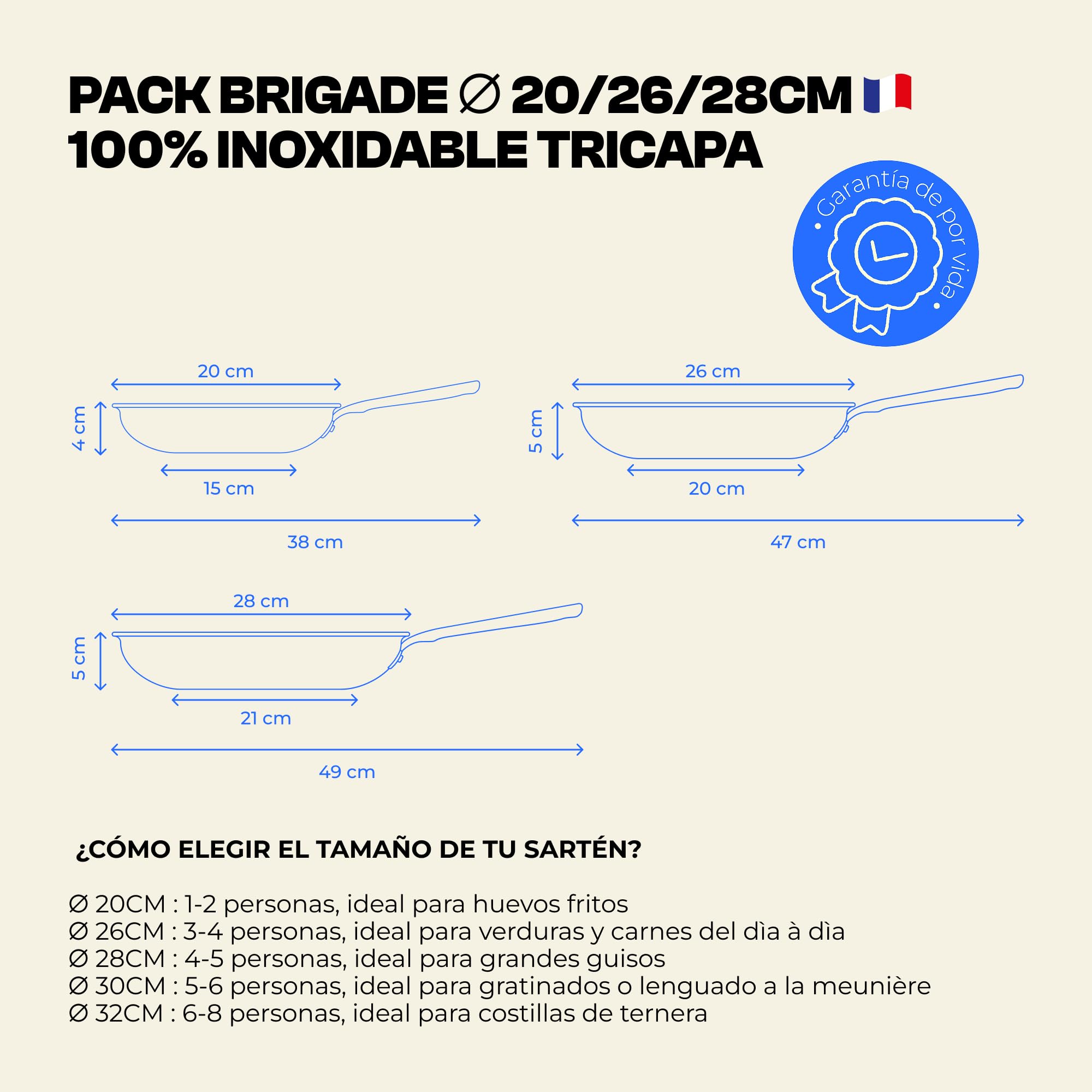 Atma – Juego de 3 Sartenes Inox 3 Capas (20, 26, 28 cm) – Mango Remachado – Sin PFAS ni Recubrimiento Químico – Inducción, Horno hasta 230°C – Apto para Todas las Cocinas – Fabricada en Francia