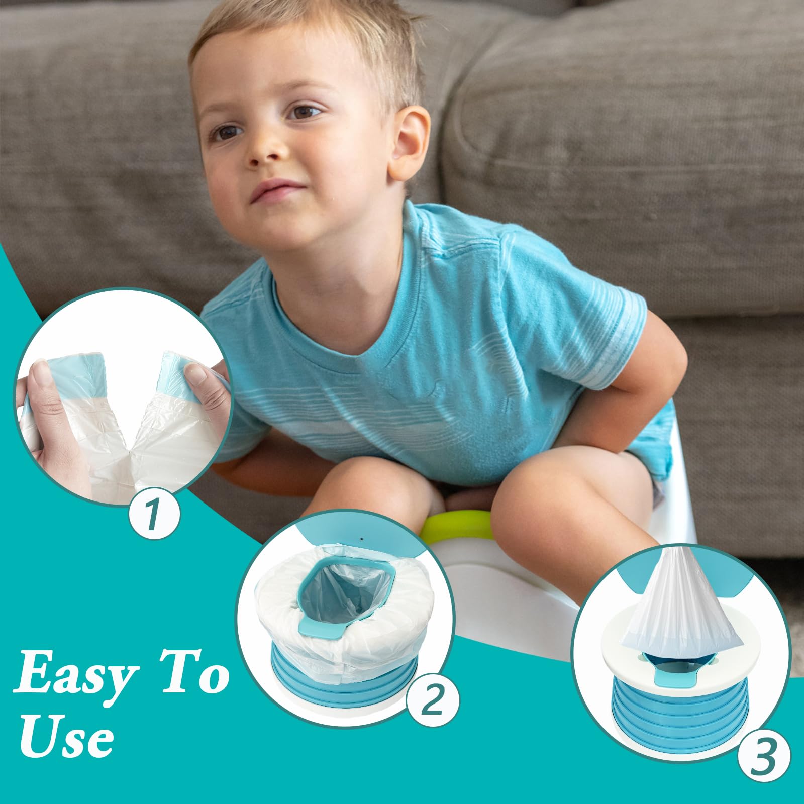 Paquete de 120 forros para sillas de orinal con cordón, bolsas desechables para asiento de inodoro para niños pequeños al aire libre viajes (17.3 x 9.4 pulgadas)
