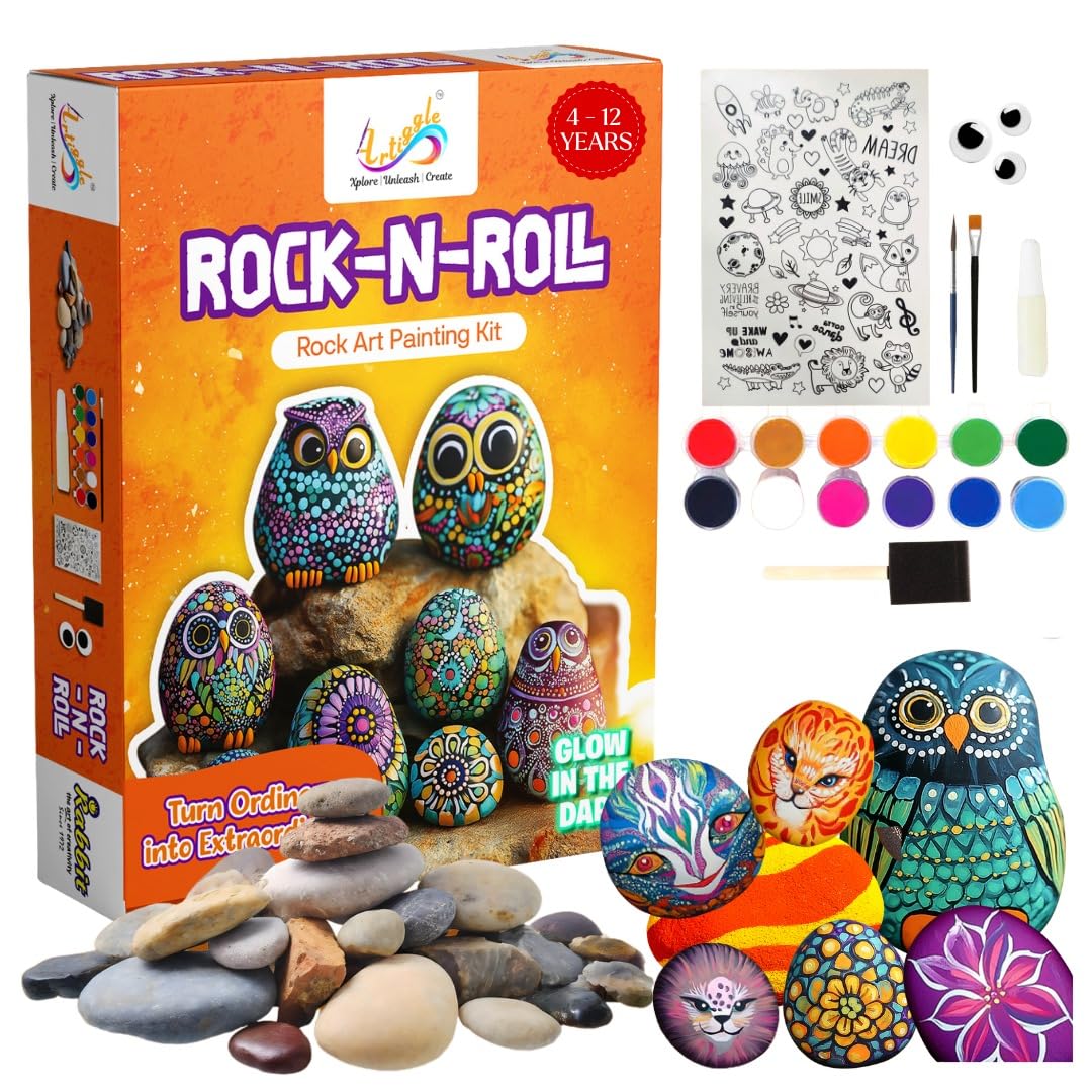 Artiggle Rock-N-Roll DIY Rock Art Painting Kit | Activity Kit for All Ages Kid | Gifts for Kids | Mess-Free Art & Craft Activity for Girls & Boys | Creative Activity | Coloring and Painting Kits
