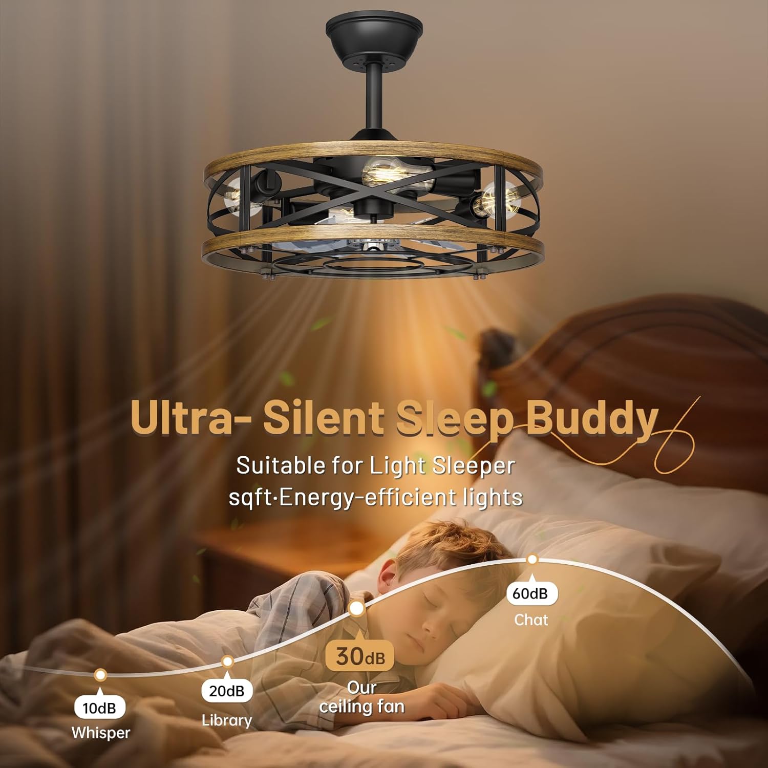 Caged Ceiling Fan with Lights,20in Low Profile Ceiling Fan, Small Rustic Industrial Farmhouse Ceiling Fans with Lights,Reversilbe Flush Mount Fandaliers Fan Light Ceiling Fixture for Bedroom Kitchen