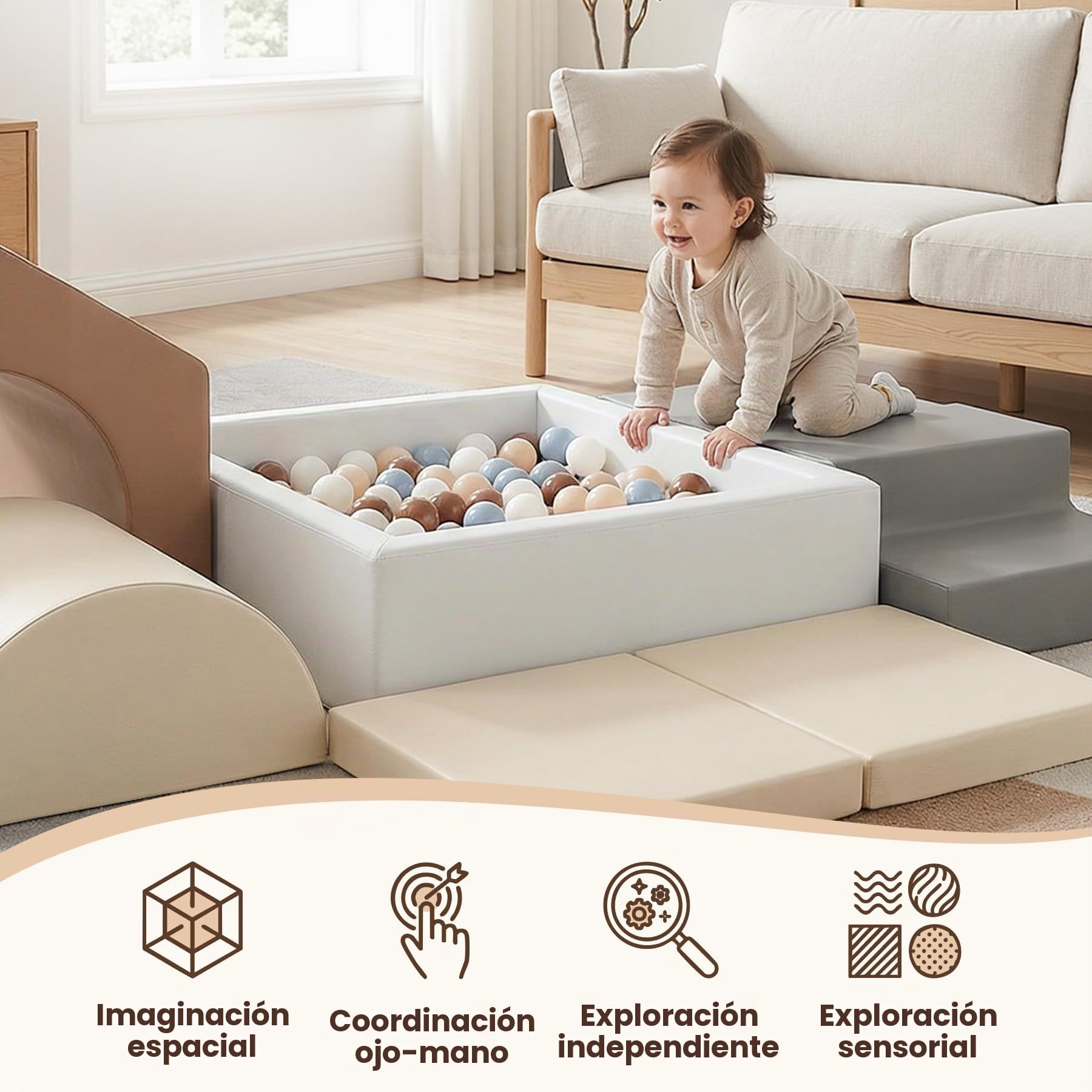 Juego de 7 Bloques de Espuma para Niños: Cuero sintético Bloques Psicomotricidad Infantil con Piscina de Pelotas(Sin Pelotas)- Set de Escalada Suave Ligero para Interior Infantil para Escalar y Niños