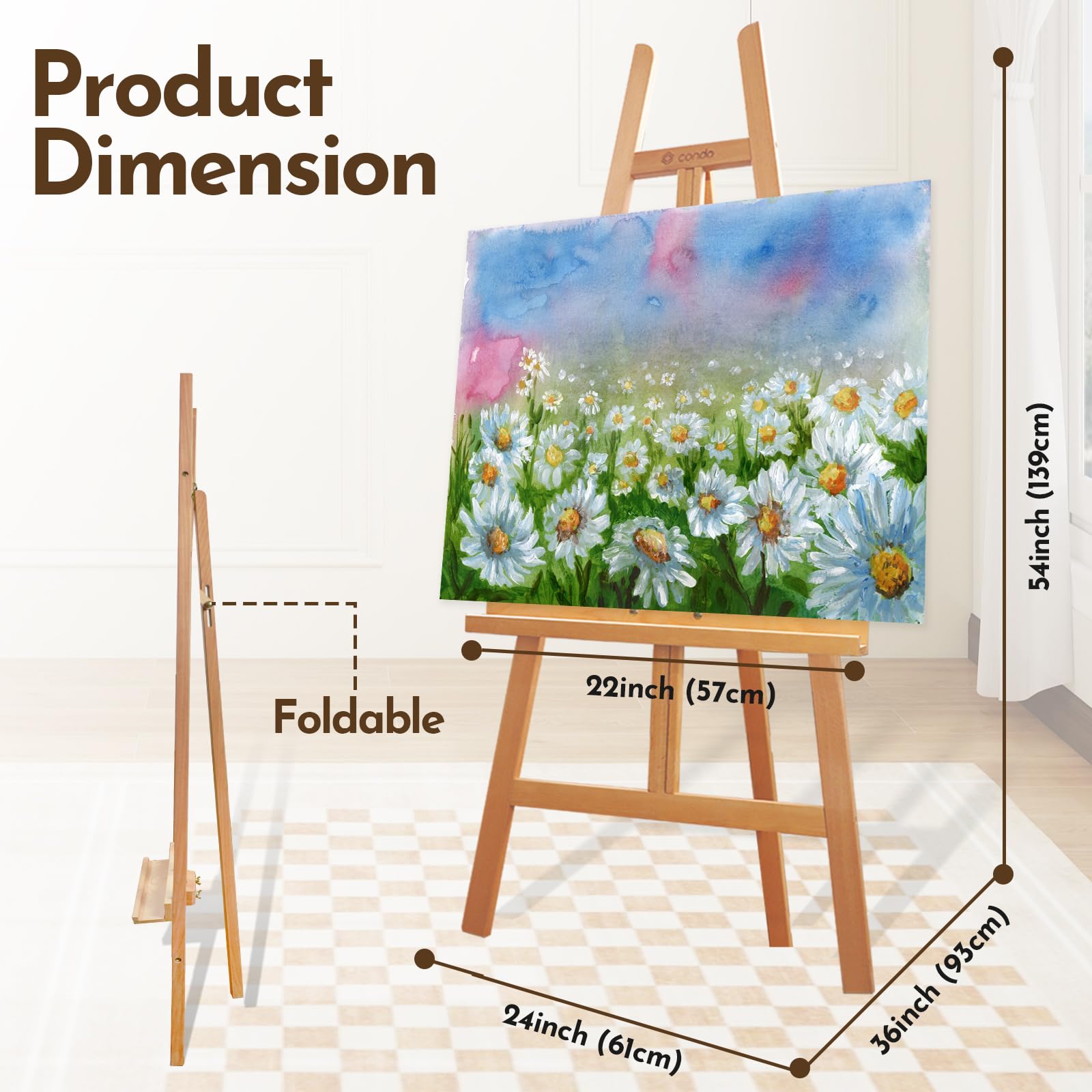 CONDA Caballete de madera ajustable para exhibición, caballete de artista de madera de haya con marco en A, sostiene lienzos de hasta 60 pulgadas, caballete inclinable para exhibición, pintura, dibujo