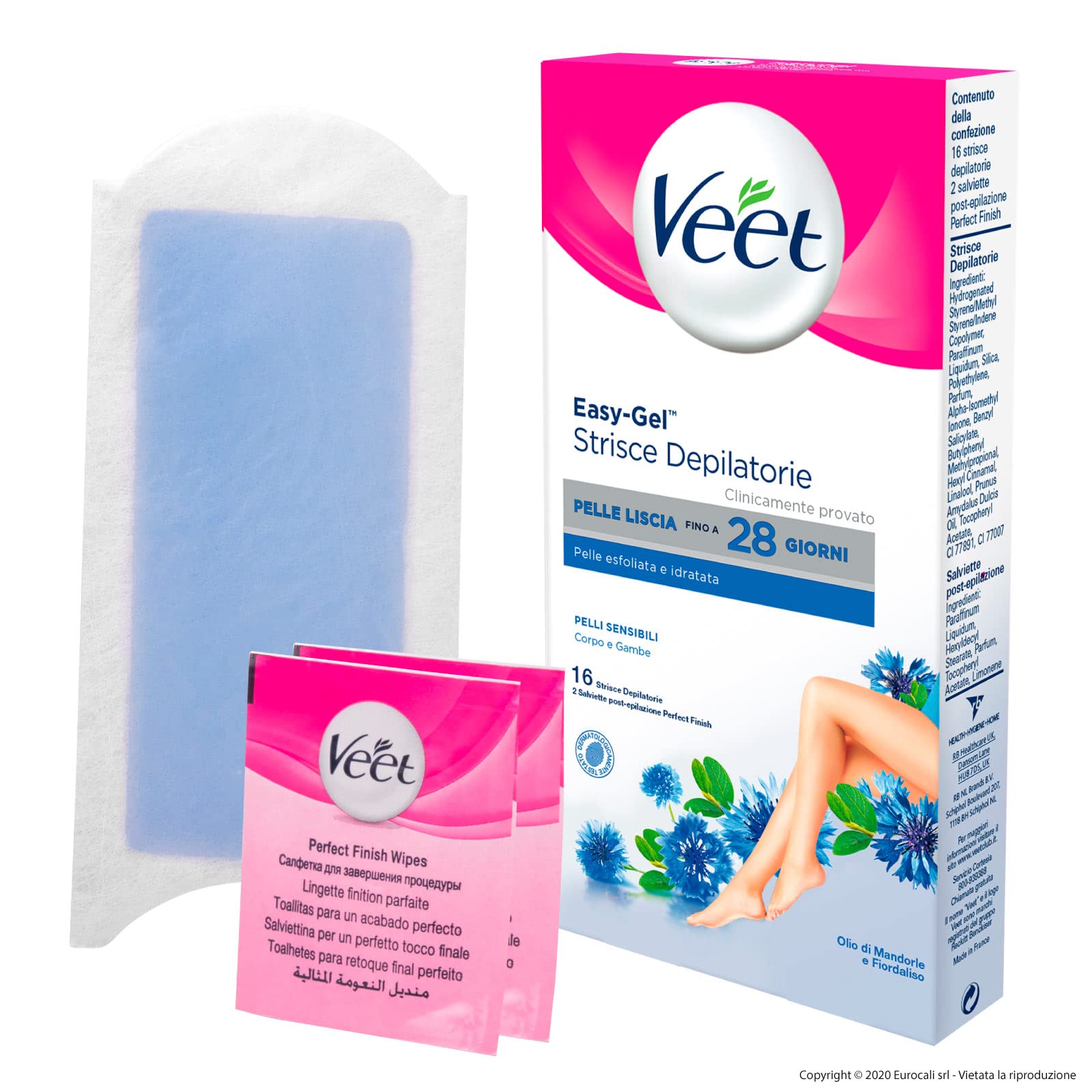 Veet Easy Gel Strisce Depilatorie Corpo e Gambe Per Pelli Sensibili Pelle Liscia Fino a 28 Giorni Azione Esfoliante Idratante con Salviette Post Epilazione - 12 Confezioni da 16 Strisce e 2 Salviette