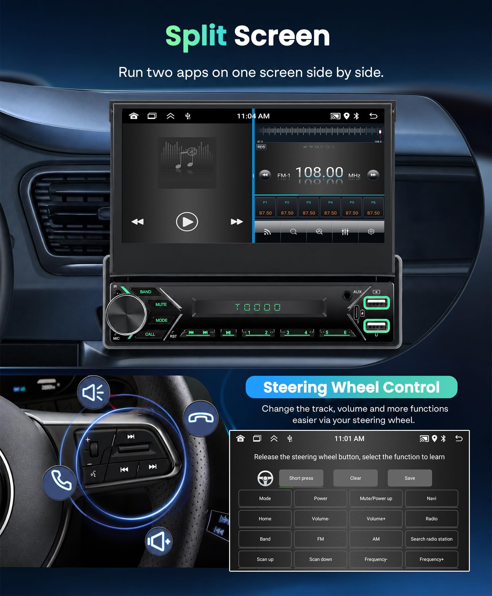 SIXWIN 2+64G Android 13 1 DIN Radio con Pantalla, 7 Pulgadas Radio Coche Pantalla Extraible Manual con Carplay/Android Auto/WiFi/GPS/Bluetooth/Mandos Volantes/FM/RDS/USB/Type-C/Aux