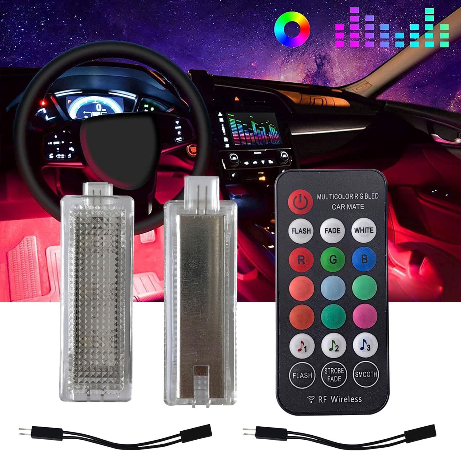 2pcs Set Car Interior Lights with Remote Control RGB Inside Car footwell Lights Sound Control Mode Compatible with 1/3/4/5/6/7/x1/x2/x3/x4/x5/x6/x7/328i/28i/530i/528i/e92