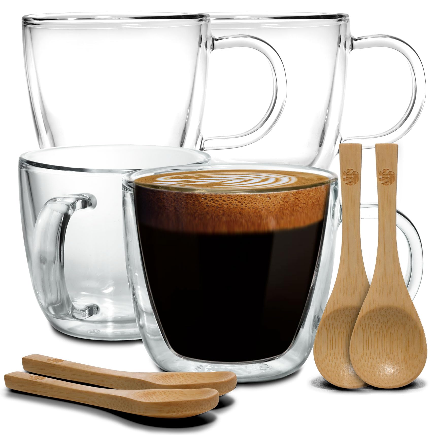 Photo 1 of Glass Espresso Mugs – Double Wall, Insulated Glass Mug Set, With Durable Handles & 4 Wooden Spoons, Cold, Hot, Espresso Coffee or Tea Mug & More, Holds 5.5oz (Set of 4)