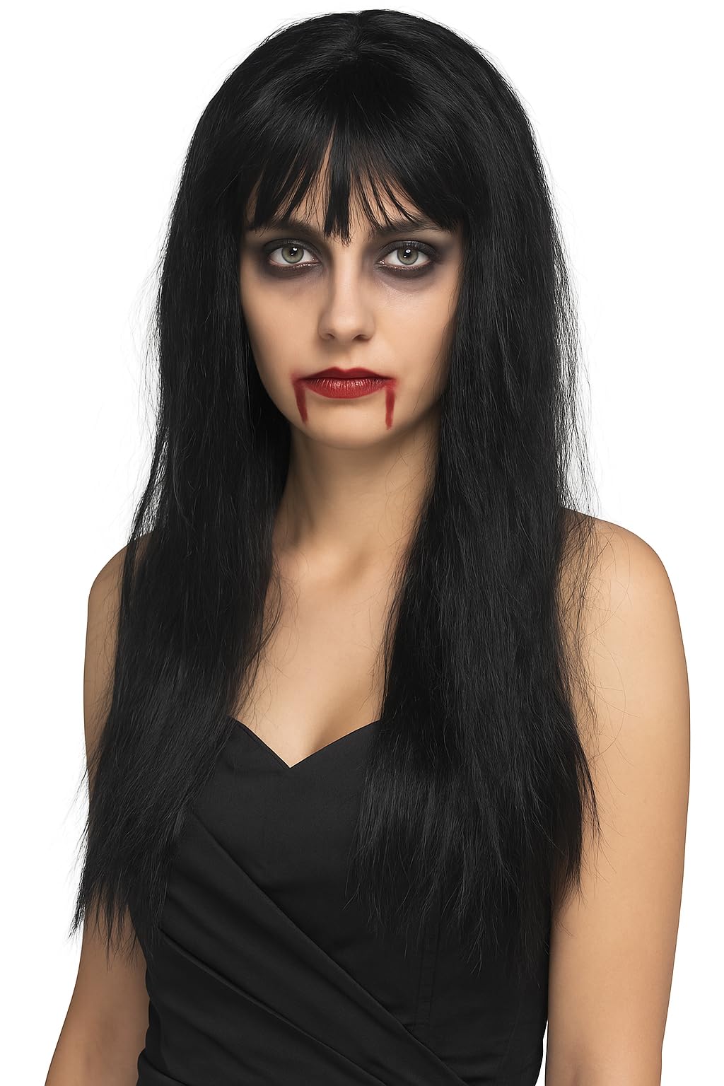 Parrucca Nera mossa lunga con frangia black syren Parrucca Nera mossa lunga con frangia black syren