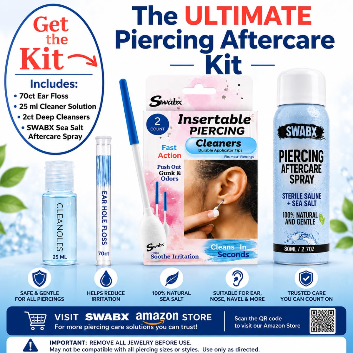 Ear Hole Cleaner Floss Kit, 70 ct SPA-Grade Floss with 25ml Cleansing Solution, Portable Ear Piercing Cleaning Tool for Odor Removal