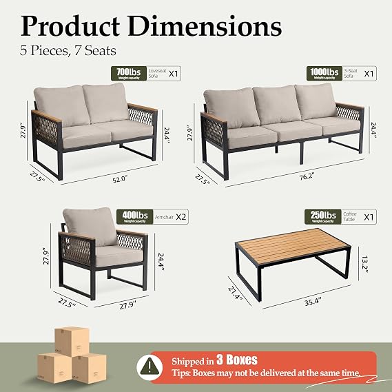 UPHA 5-Piece Metal Patio Furniture Set with Coffee Table, Beige