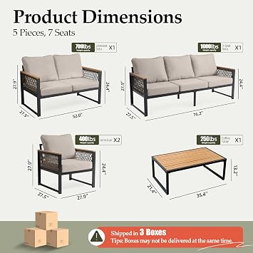 UPHA 5-Piece Metal Patio Furniture Set with Coffee Table, Beige