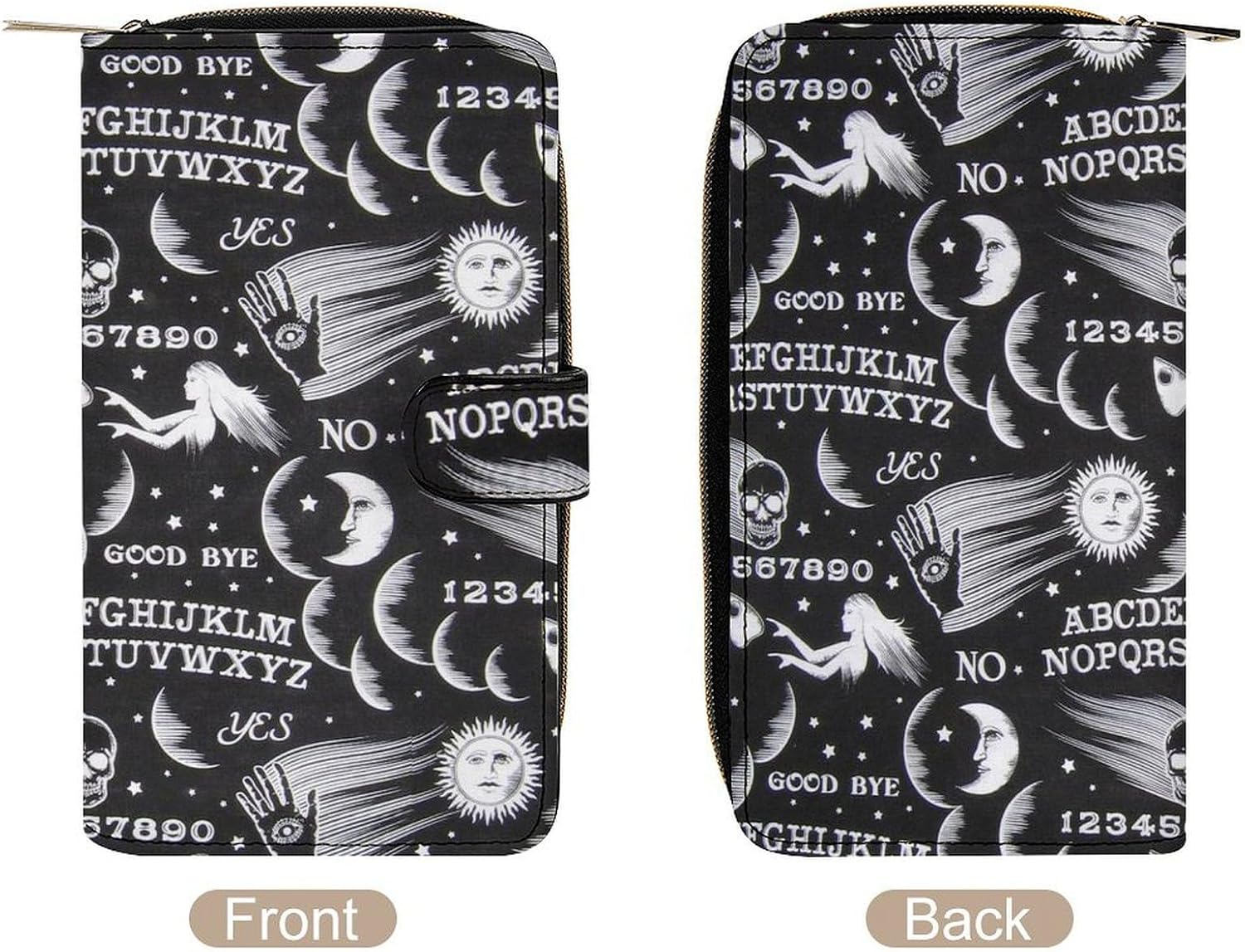Skull Moon Sun Gothic Witch Board Seamless Black Leather Multifunctional Wallet, Portable And Large Capacity