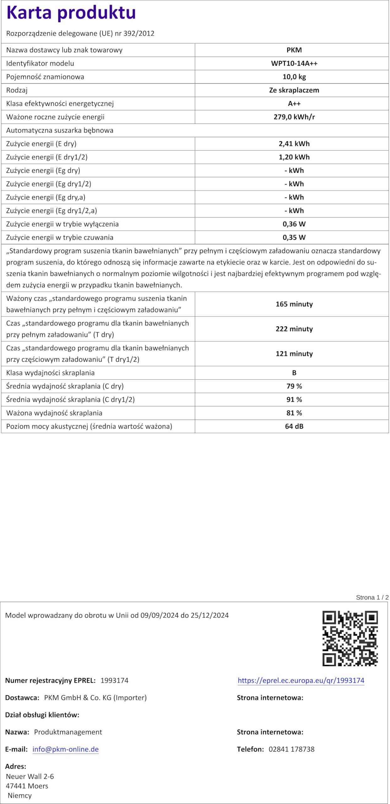 PKM Secador de bomba de calor WPT10-14A++ 10 kg wh A++ (envío de expedición)