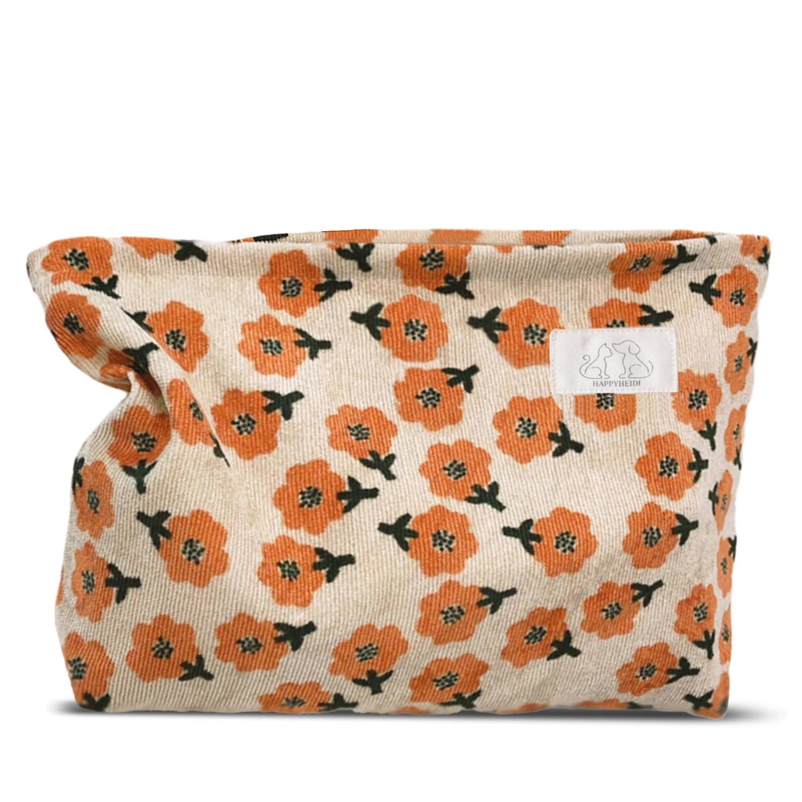 HAPPYHEIDI Women Floral Corduroy Makeup Bag Travel Cosmetic Canvas Pouch Purse Organizer, Cute Beige Flowers