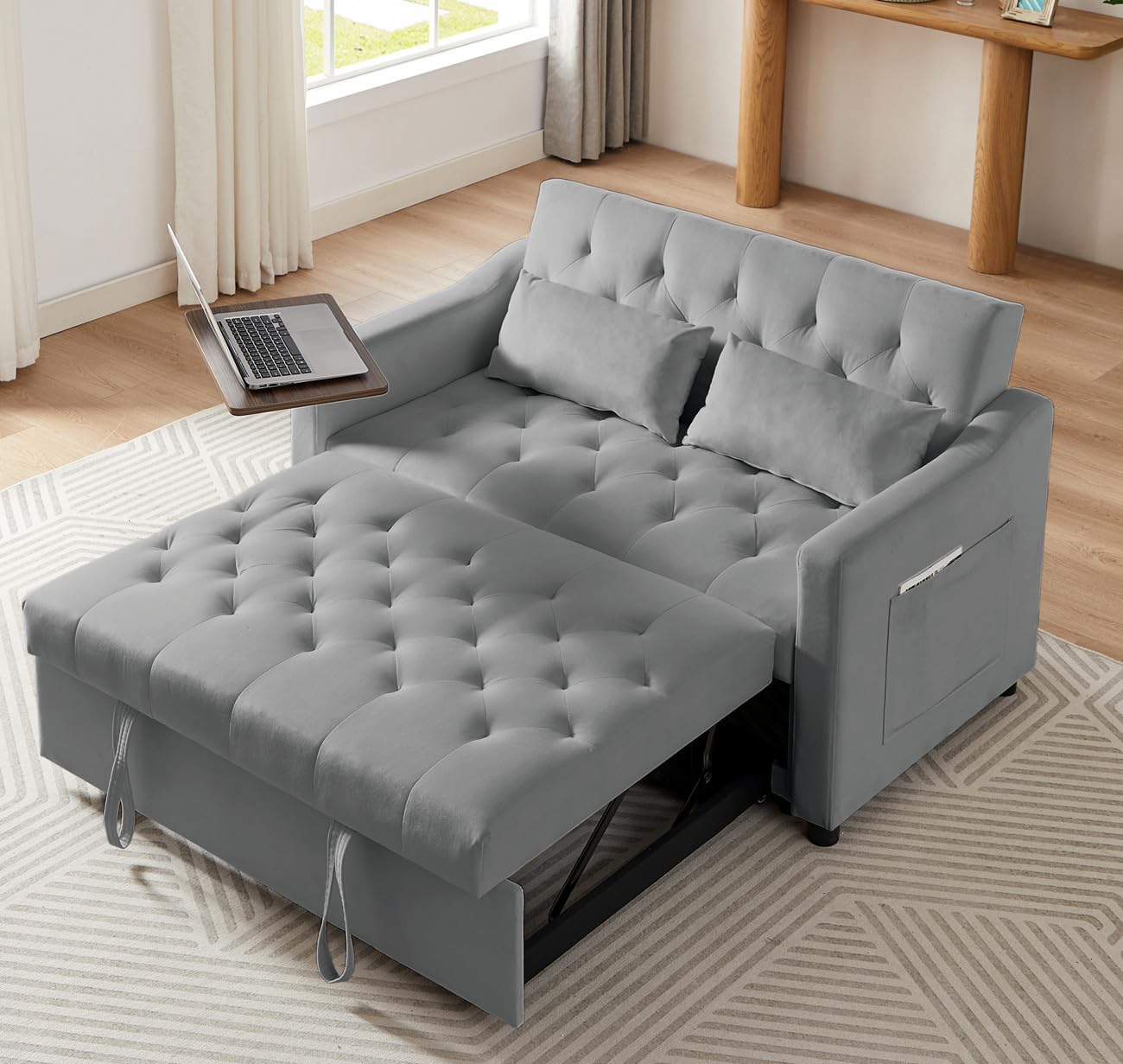 53" Convertible Sofa Bed, 3-in-1 Multi-Functional Velvet Sleeper Couch Pull-Out Bed?2 Seater Loveseat Chaise Lounge with Reclining Adjustable Backrest&Table for Living Room?Small Space (Grey)