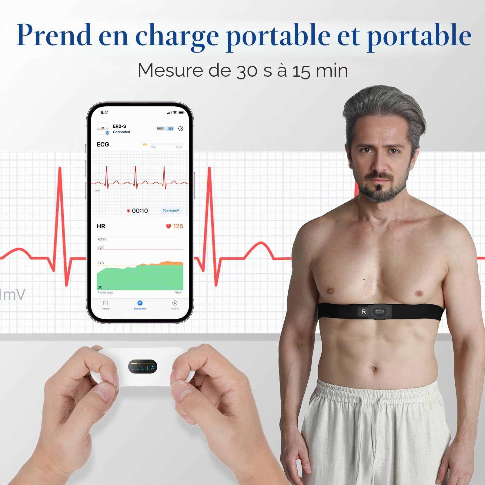 CheckMe ER2-S ECG Portable, pour le Domicile, Appareil ECG avec Ceinture Thoracique, 30s - 15Mins, Stockage Illimité des Données, écran OLED 0,96 Pouces, pour iOS & Android
